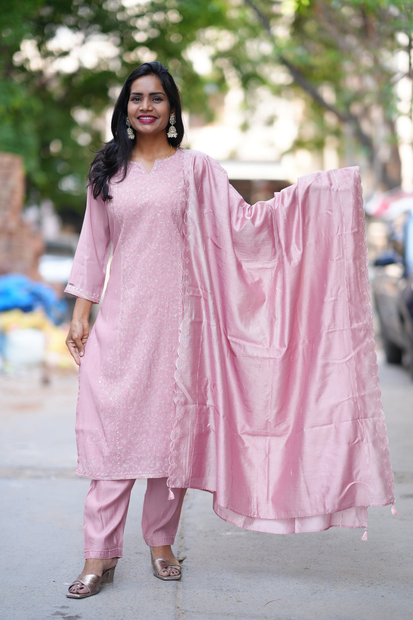 Dusty Rose Color viscose Fabric Party Wear 3 Piece Set