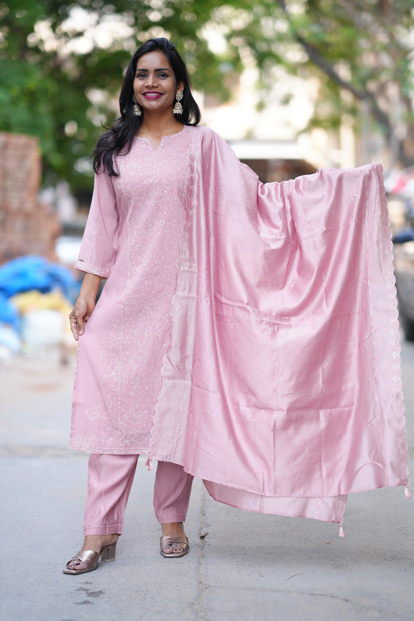 Dusty Rose Color viscose Fabric Party Wear 3 Piece Set