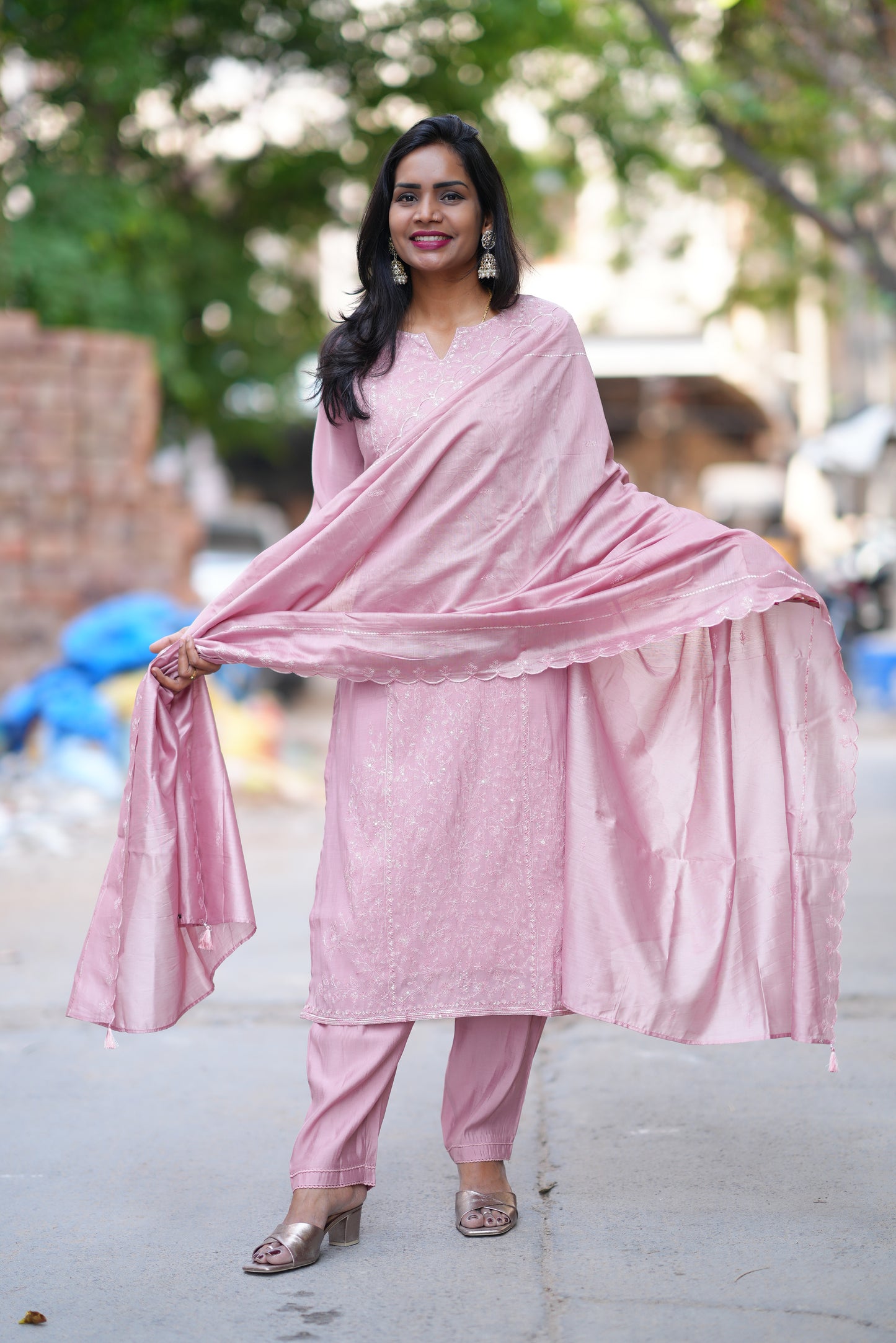 Dusty Rose Color viscose Fabric Party Wear 3 Piece Set