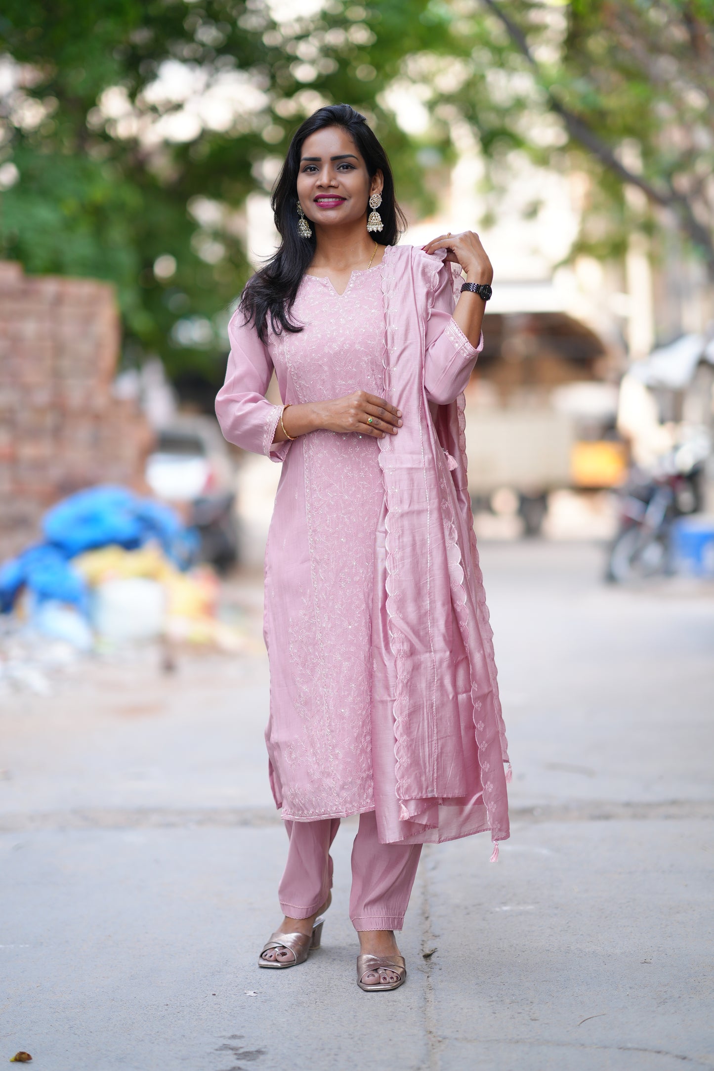 Dusty Rose Color viscose Fabric Party Wear 3 Piece Set