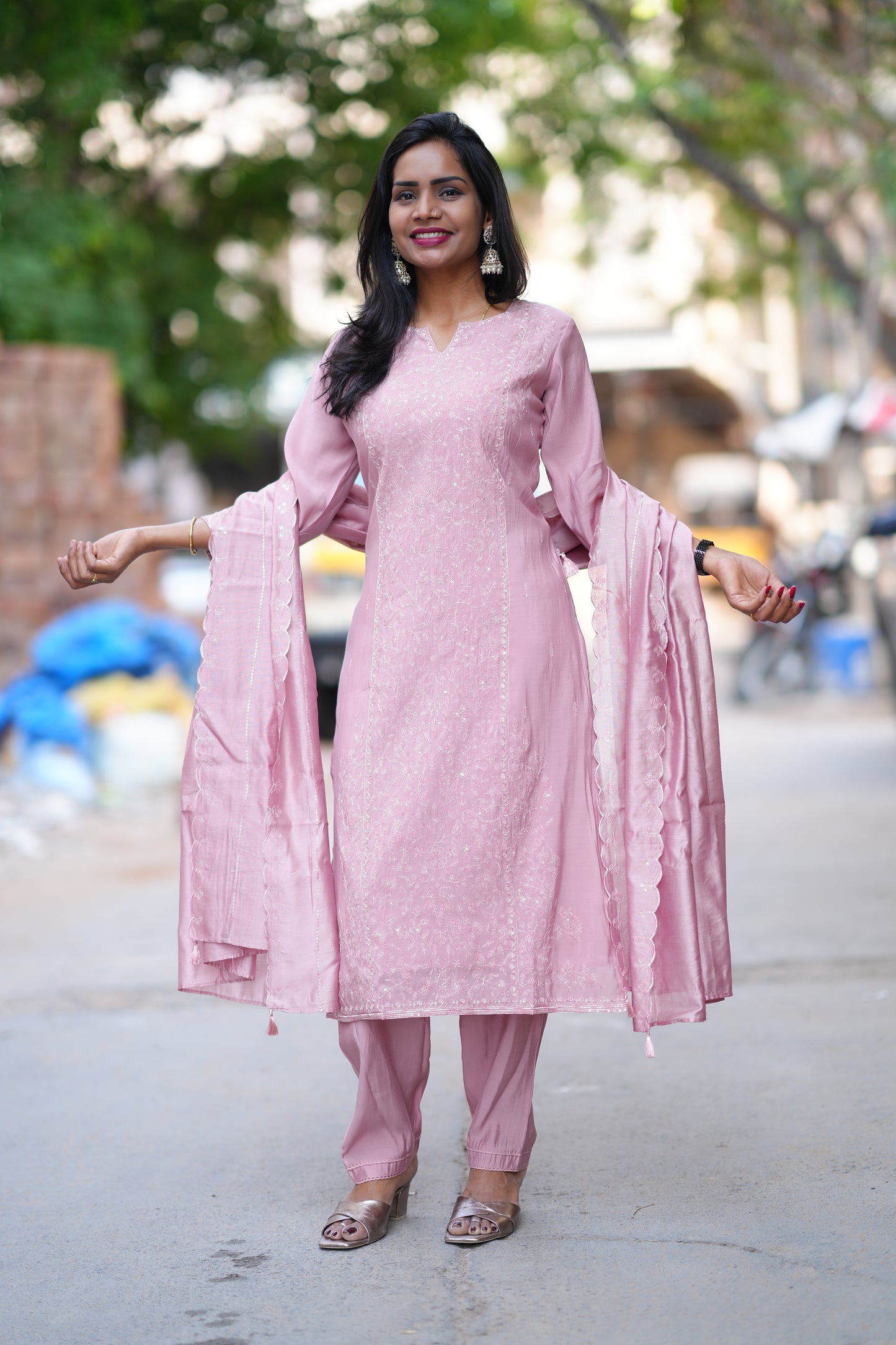Dusty Rose Color viscose Fabric Party Wear 3 Piece Set