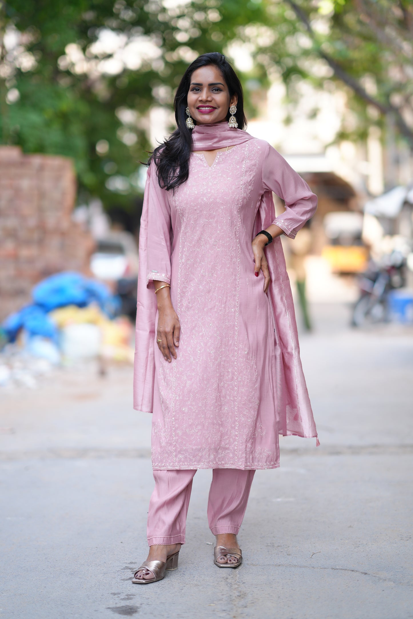 Dusty Rose Color viscose Fabric Party Wear 3 Piece Set