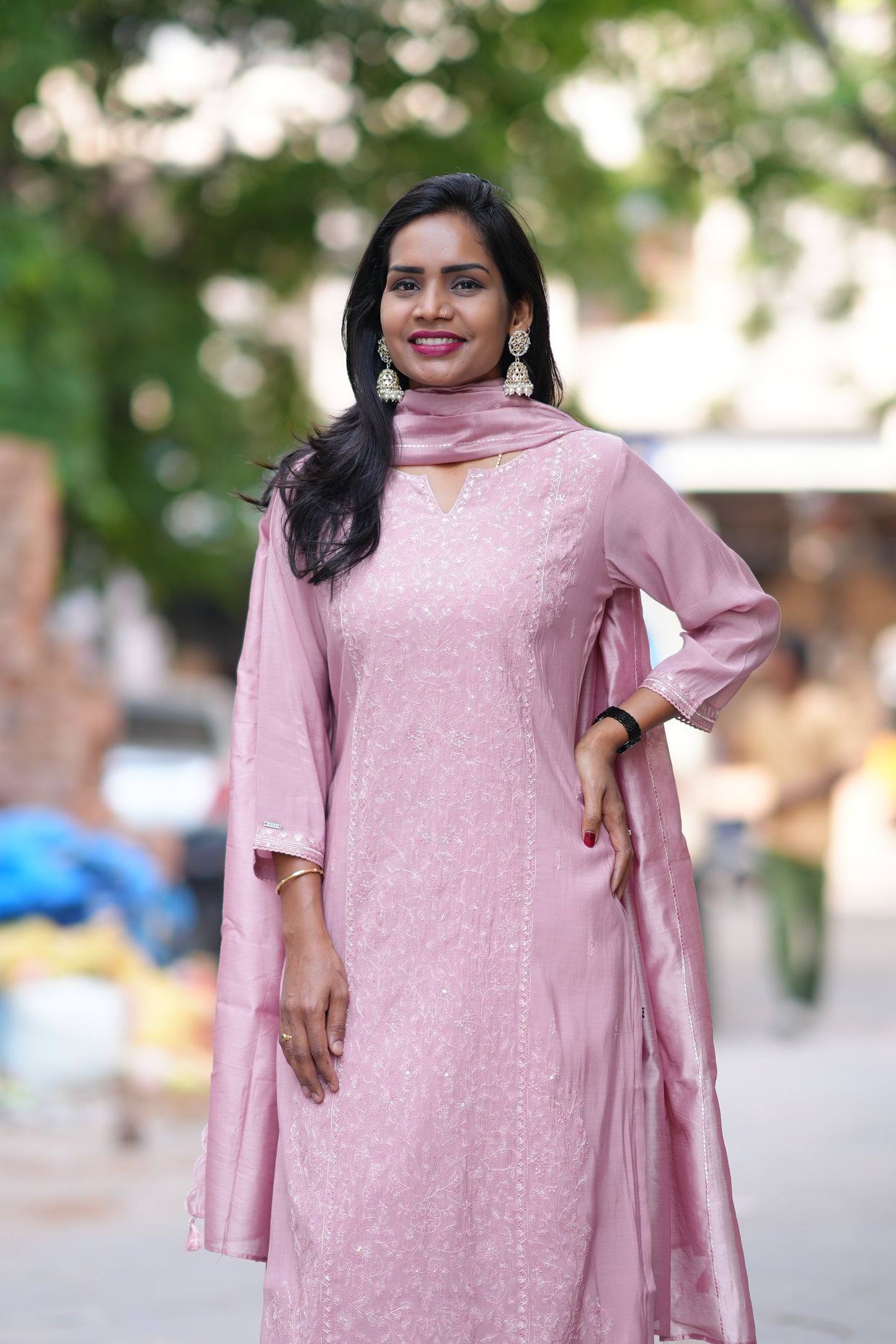 Dusty Rose Color viscose Fabric Party Wear 3 Piece Set