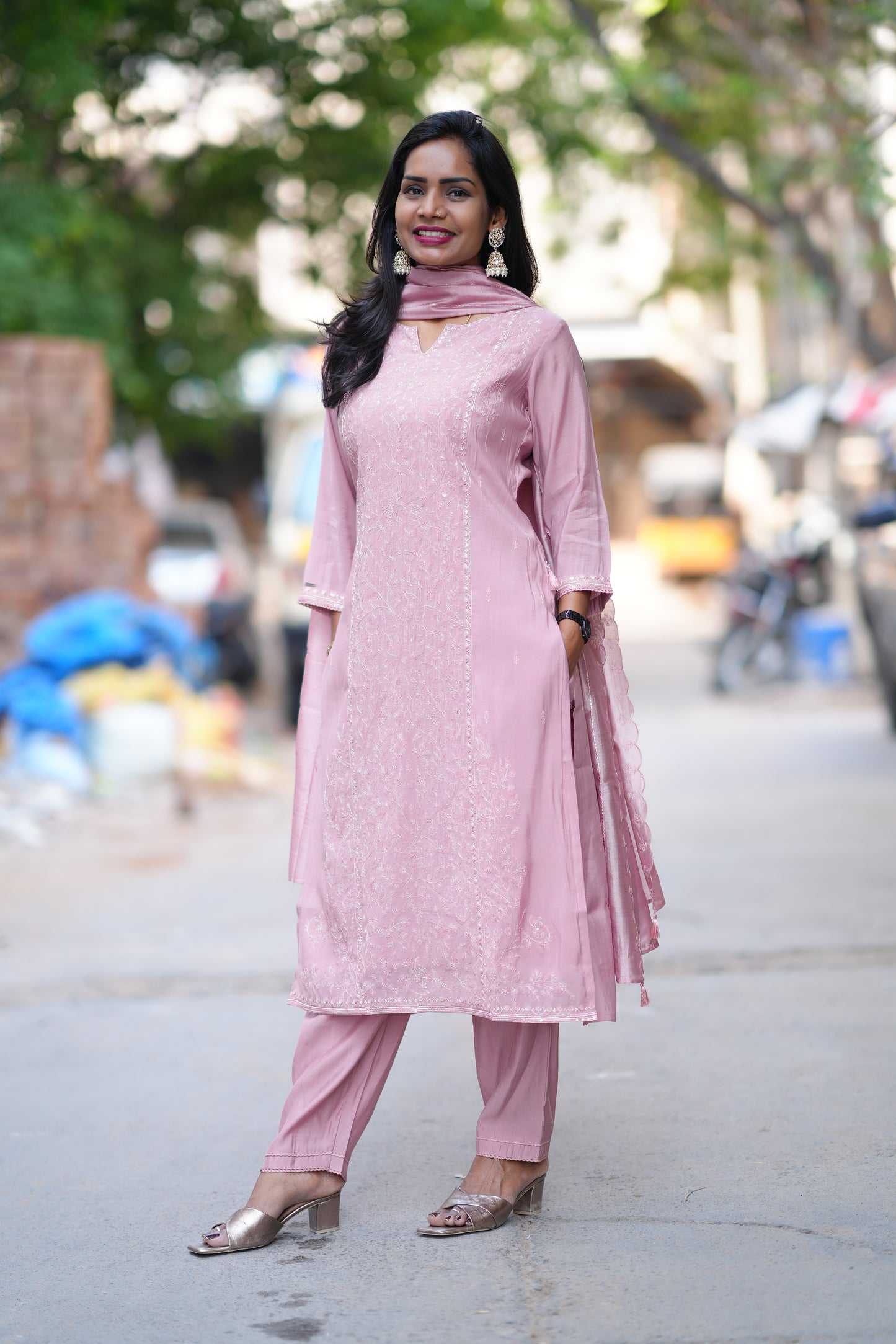 Dusty Rose Color viscose Fabric Party Wear 3 Piece Set