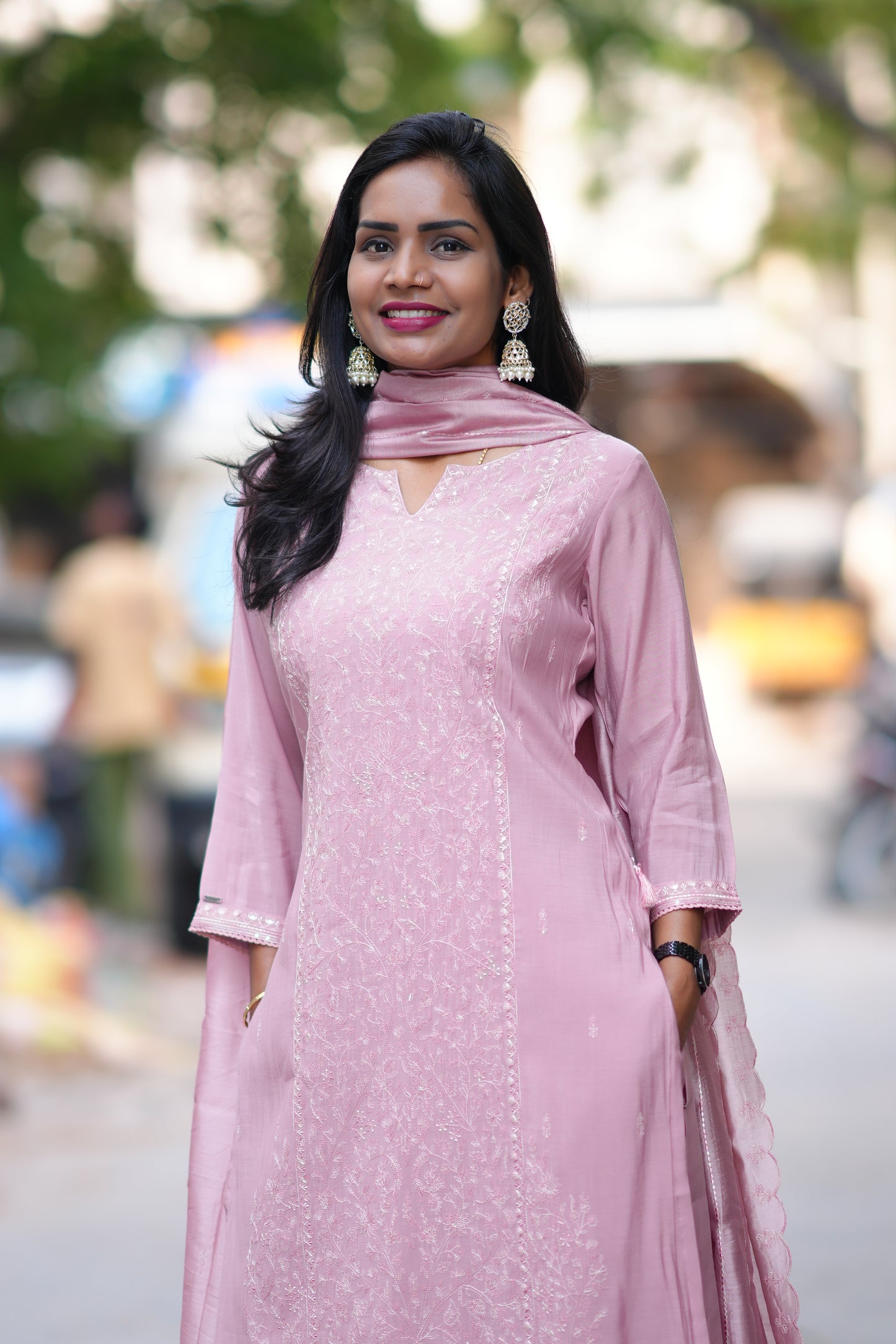 Dusty Rose Color viscose Fabric Party Wear 3 Piece Set