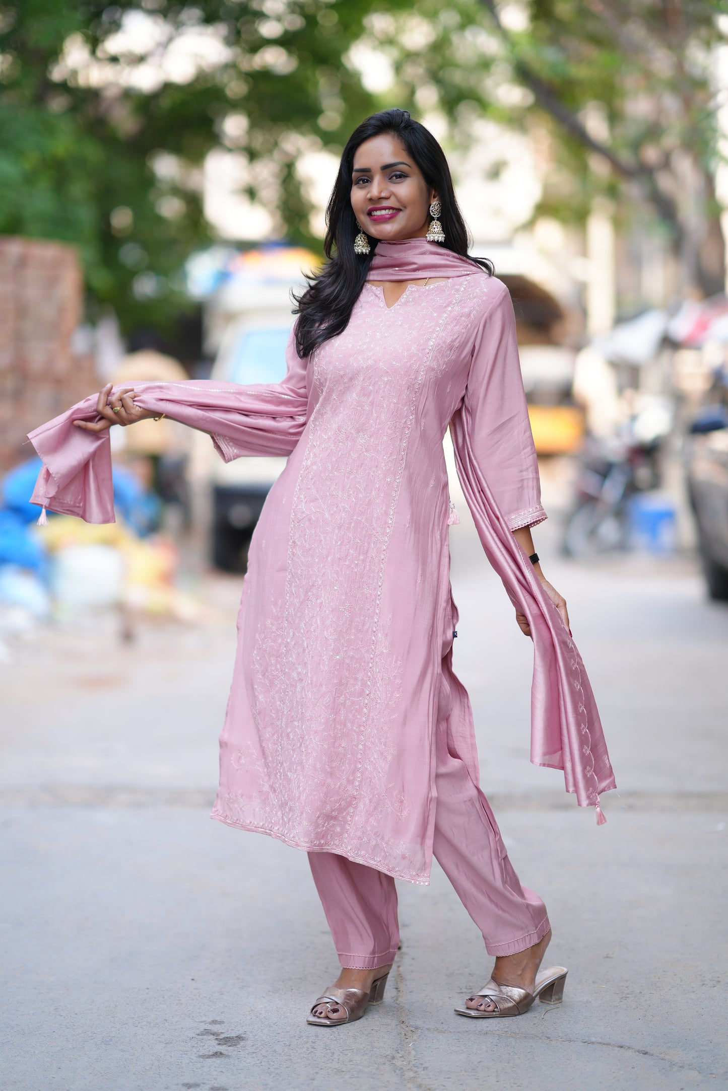 Dusty Rose Color viscose Fabric Party Wear 3 Piece Set