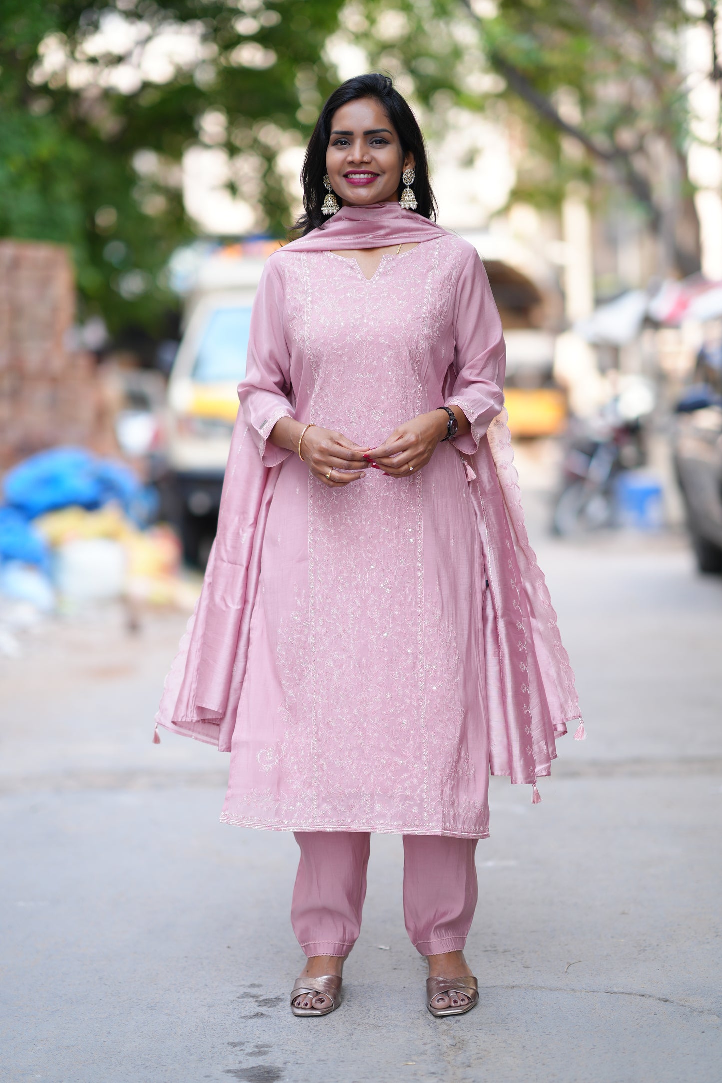 Dusty Rose Color viscose Fabric Party Wear 3 Piece Set