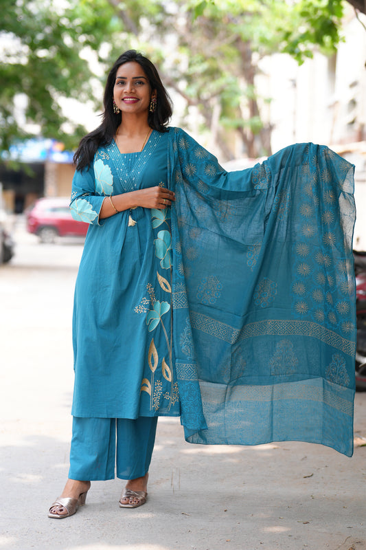 Teal Blue Color Jaipur Cotton 3 Piece Set With Applique Work