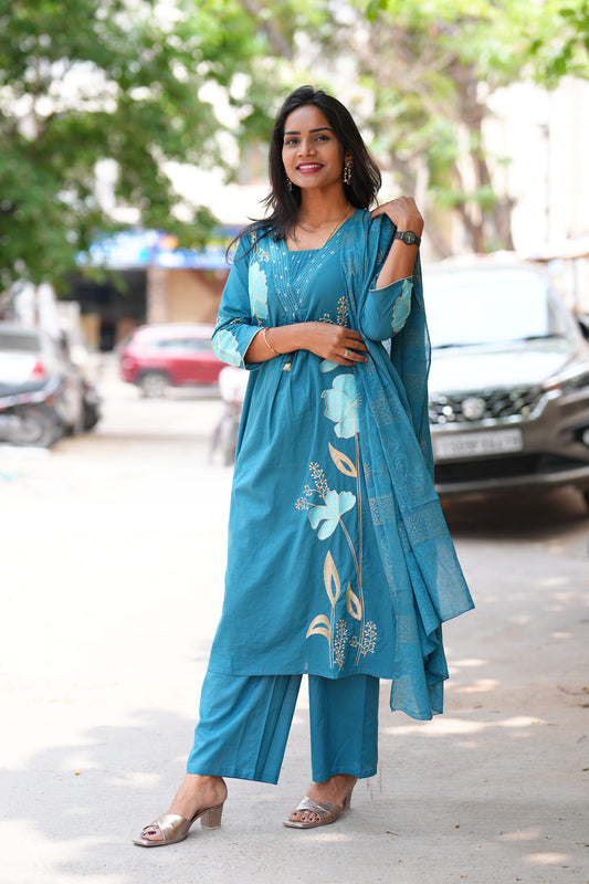 Teal Blue Color Jaipur Cotton 3 Piece Set With Applique Work
