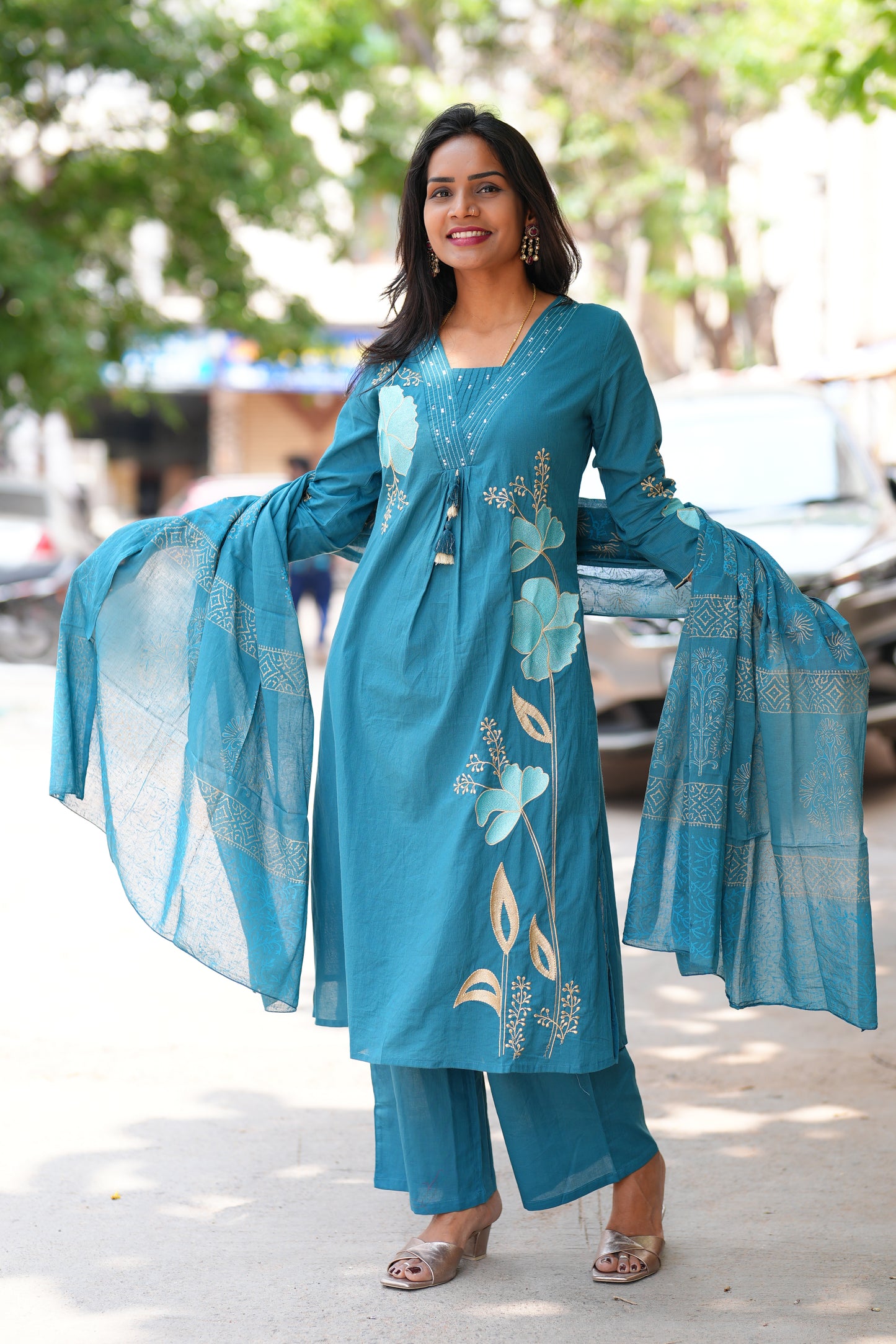 Teal Blue Color Jaipur Cotton 3 Piece Set With Applique Work