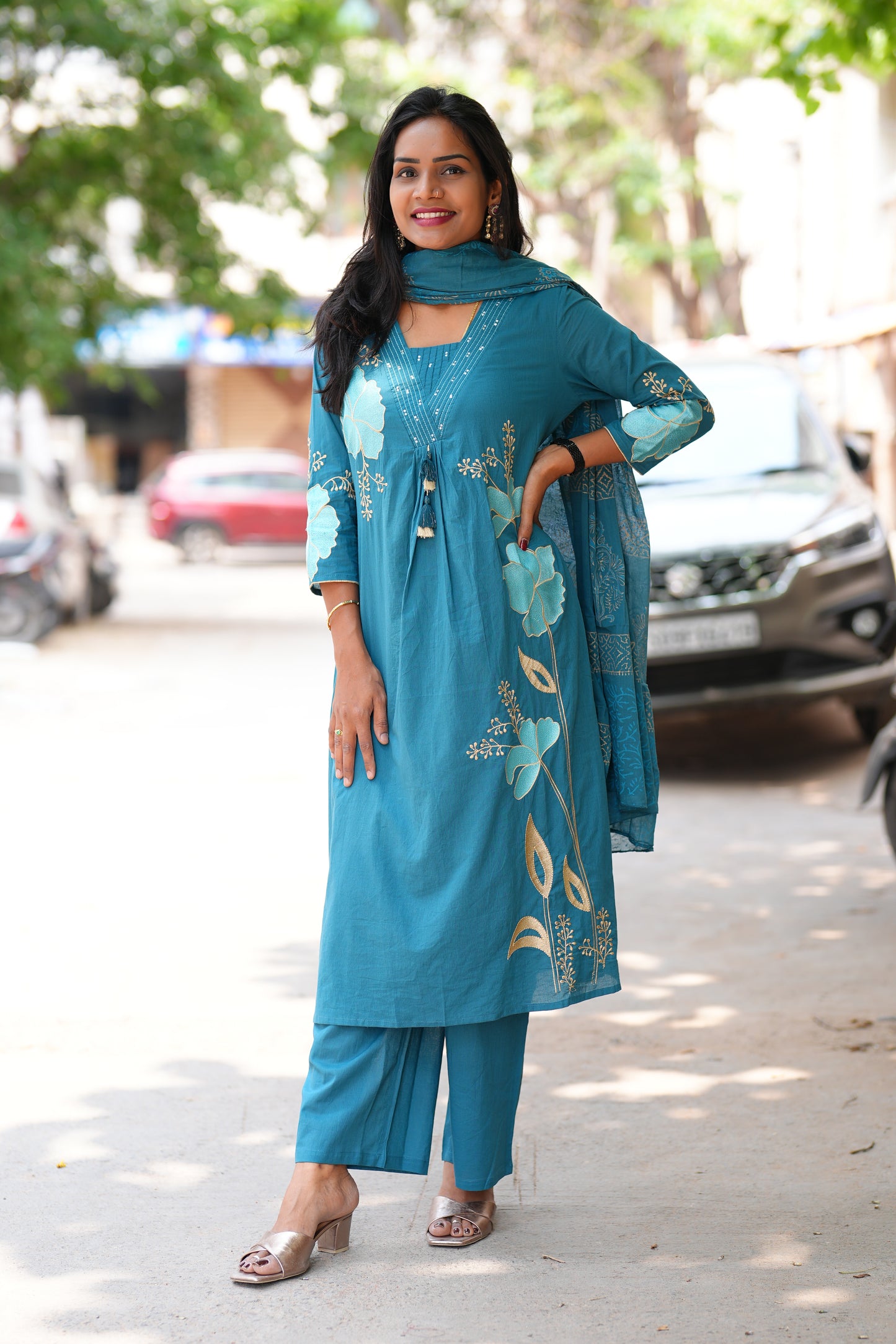Teal Blue Color Jaipur Cotton 3 Piece Set With Applique Work