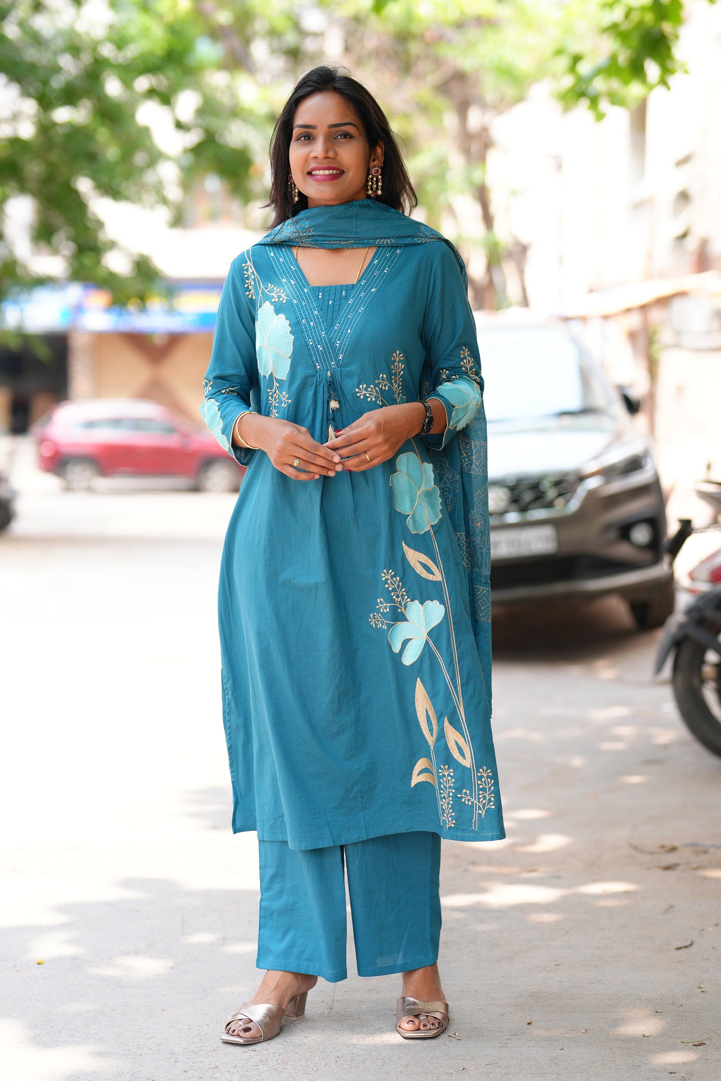 Teal Blue Color Jaipur Cotton 3 Piece Set With Applique Work