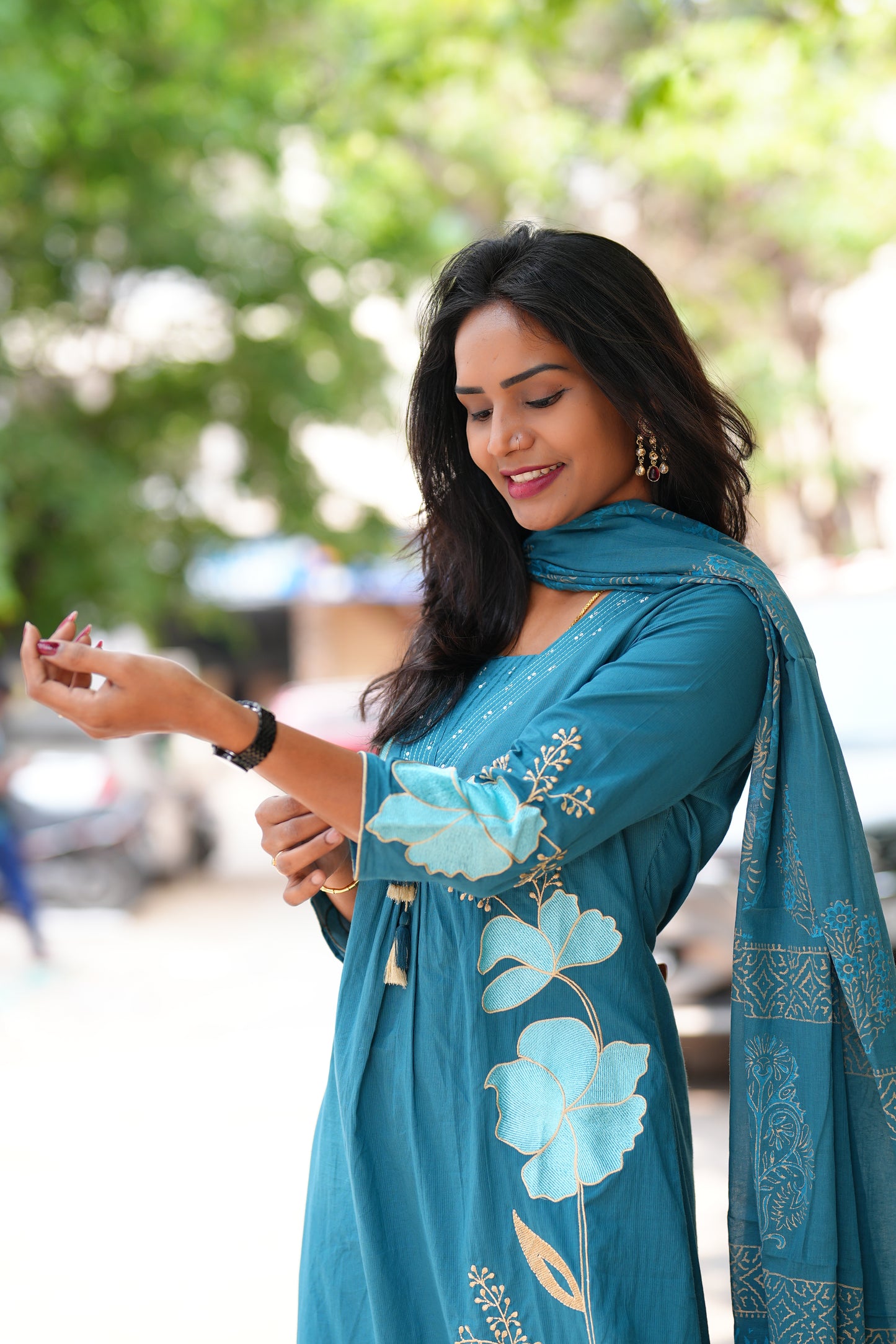Teal Blue Color Jaipur Cotton 3 Piece Set With Applique Work