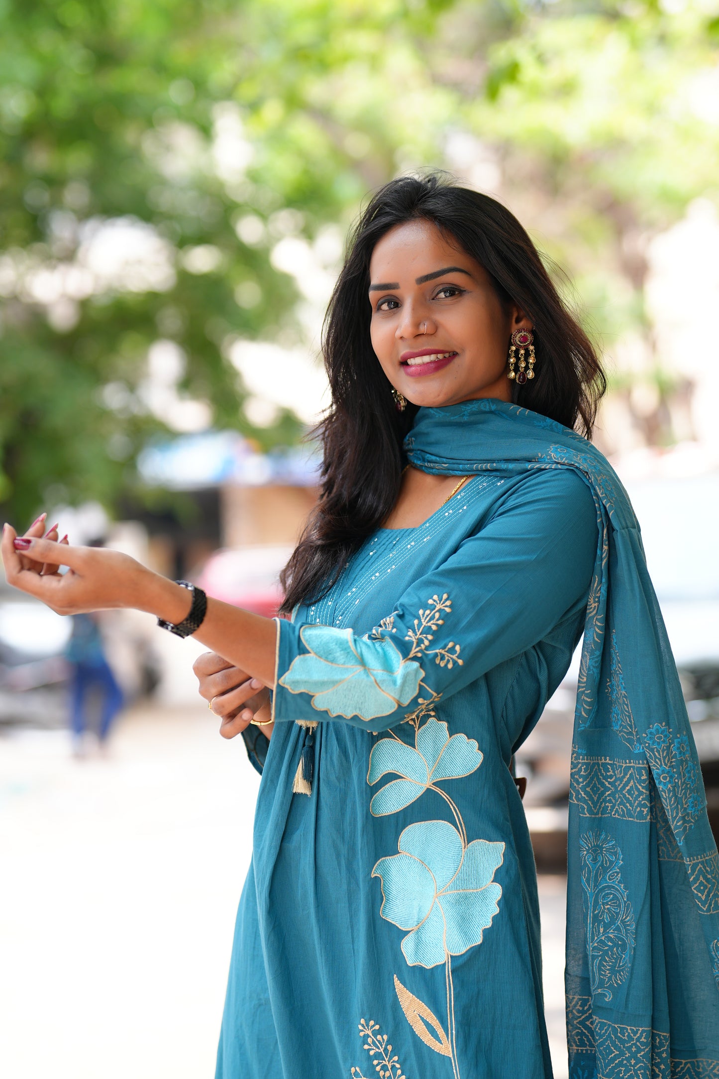Teal Blue Color Jaipur Cotton 3 Piece Set With Applique Work