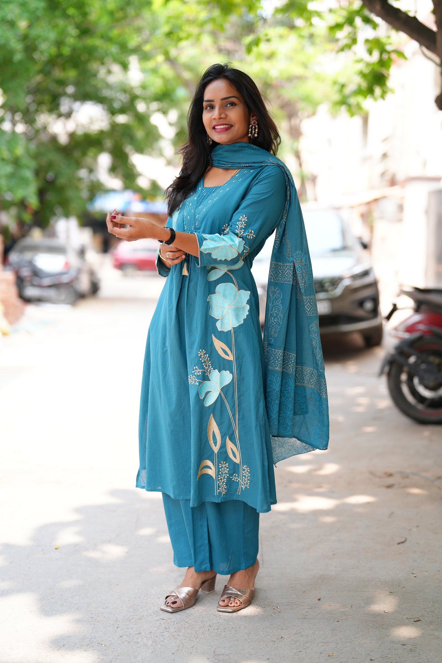 Teal Blue Color Jaipur Cotton 3 Piece Set With Applique Work
