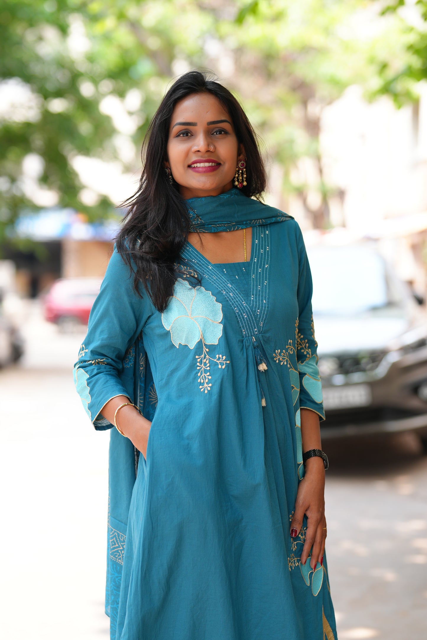 Teal Blue Color Jaipur Cotton 3 Piece Set With Applique Work