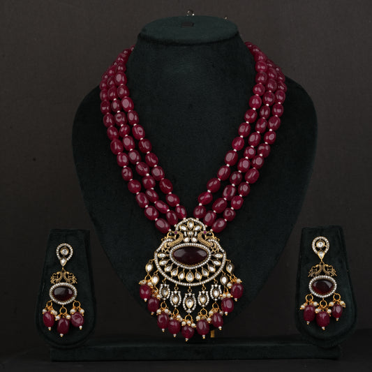 Maroon Color Beads With Pendant and Earrings