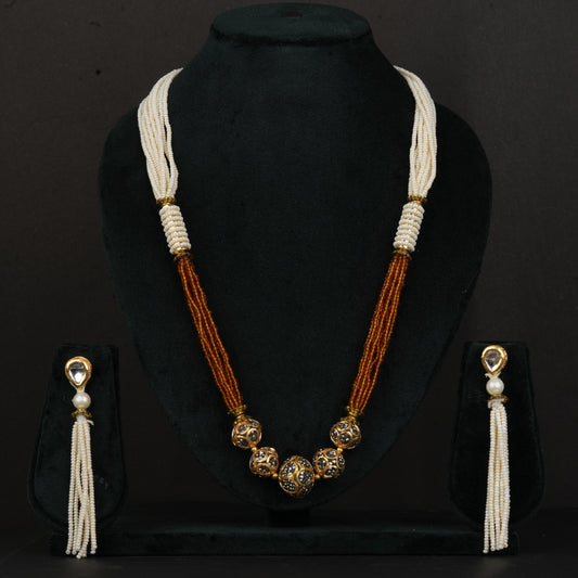 Multi-Strand Seed Bead With White Pearls Necklace and Eearring Set