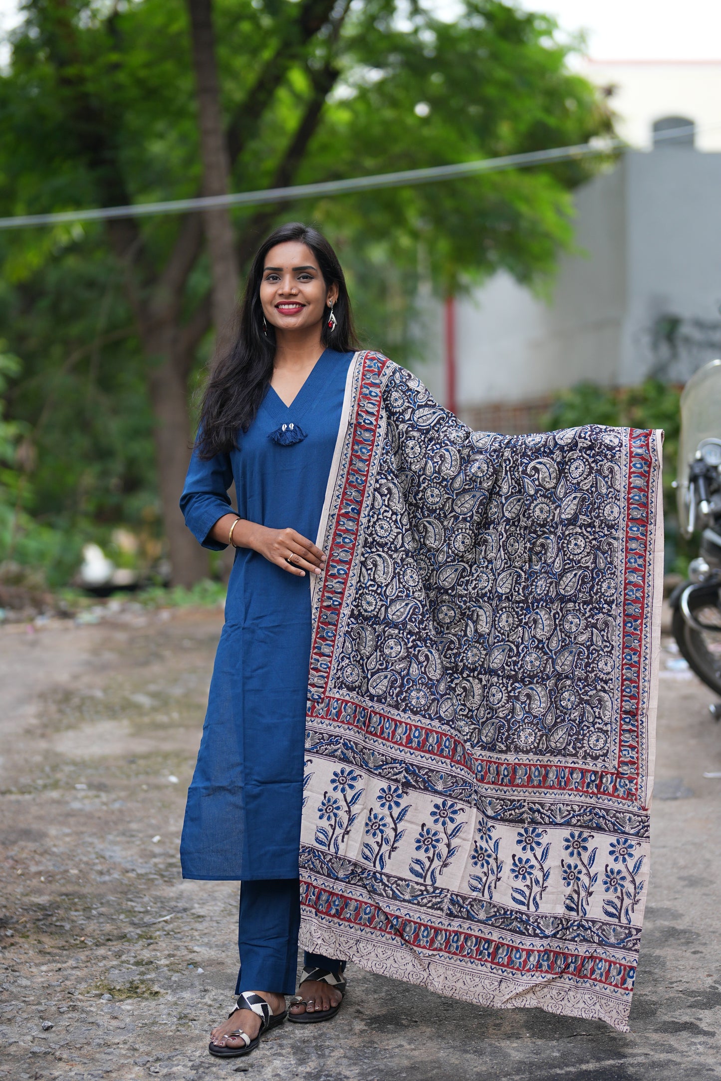Blue Color Pure Jaipur Cotton V Neck With Tassels Straight Cut With Kalamkari Dupatta