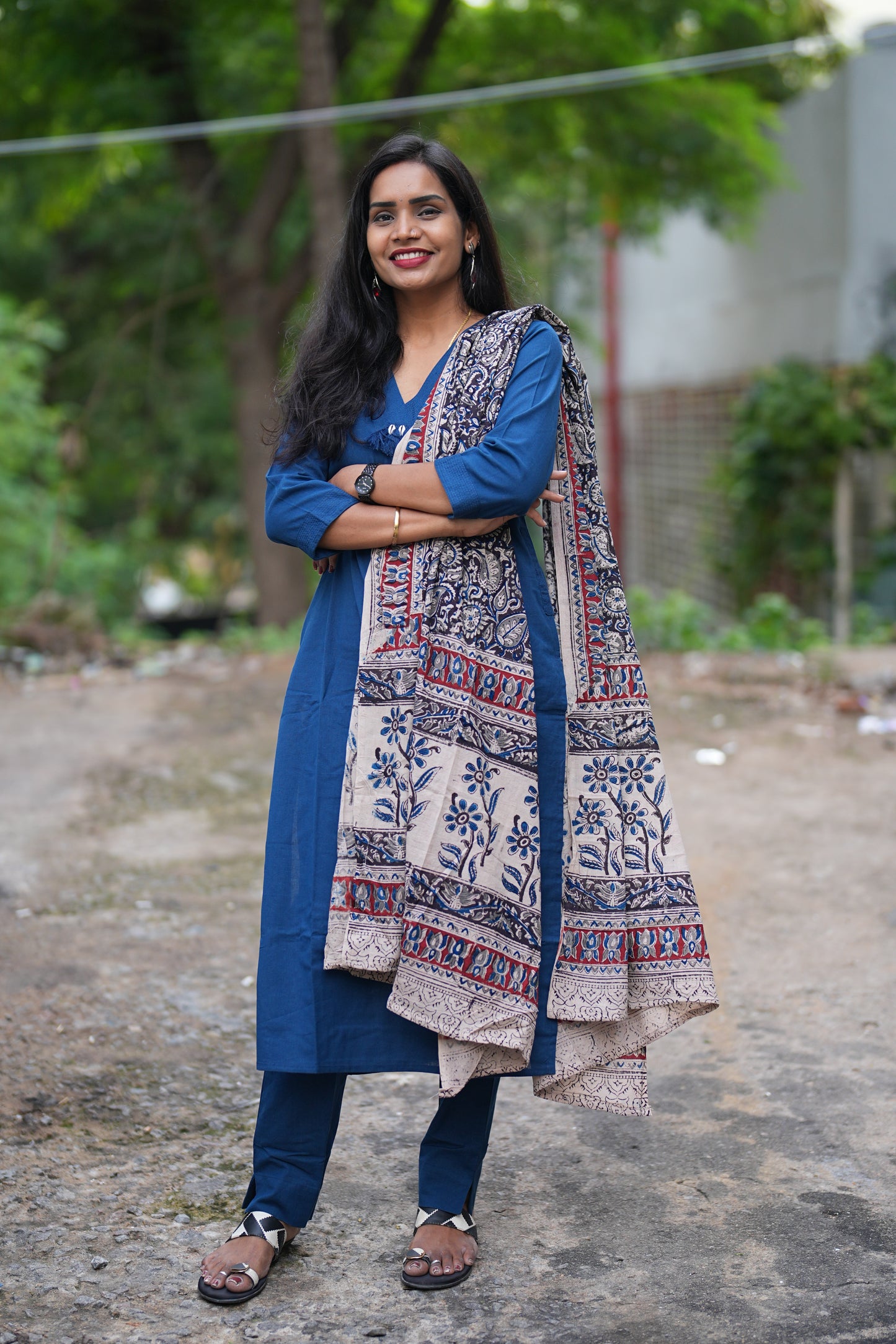 Blue Color Pure Jaipur Cotton V Neck With Tassels Straight Cut With Kalamkari Dupatta