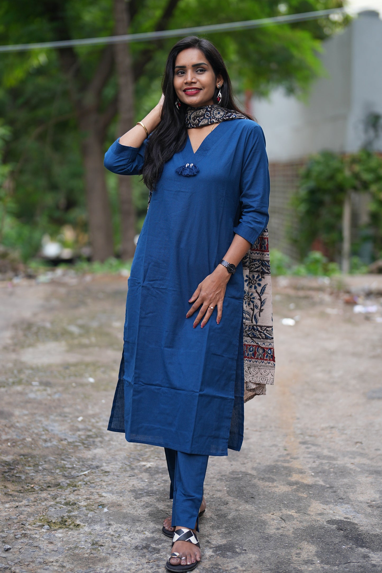 Blue Color Pure Jaipur Cotton V Neck With Tassels Straight Cut With Kalamkari Dupatta
