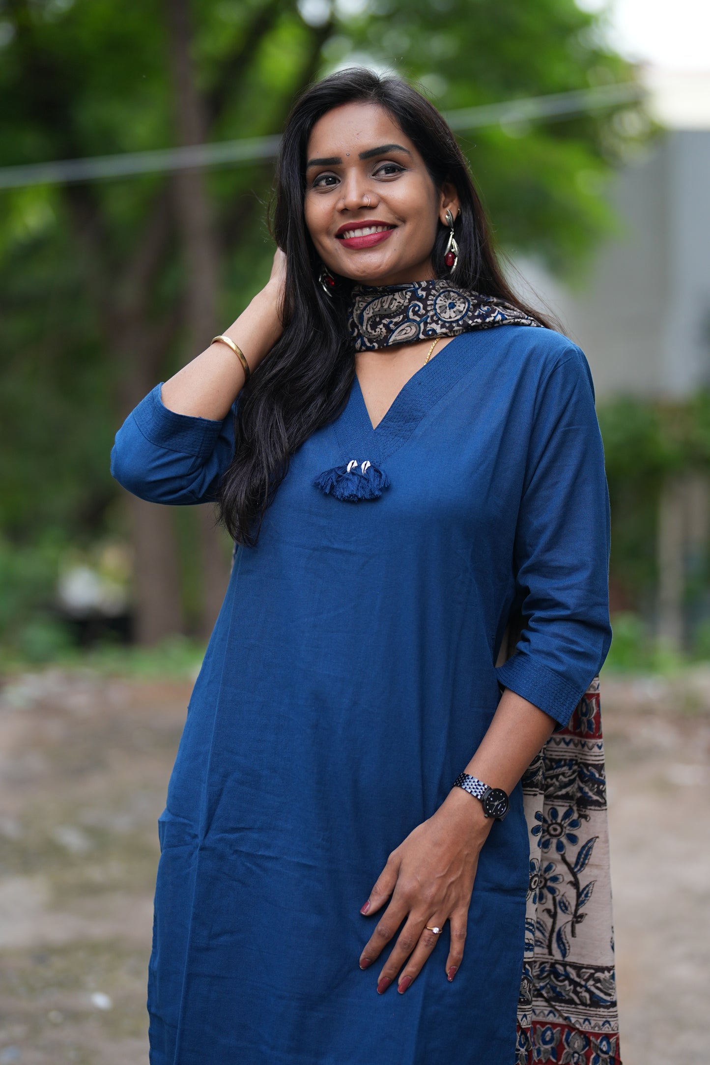 Blue Color Pure Jaipur Cotton V Neck With Tassels Straight Cut With Kalamkari Dupatta
