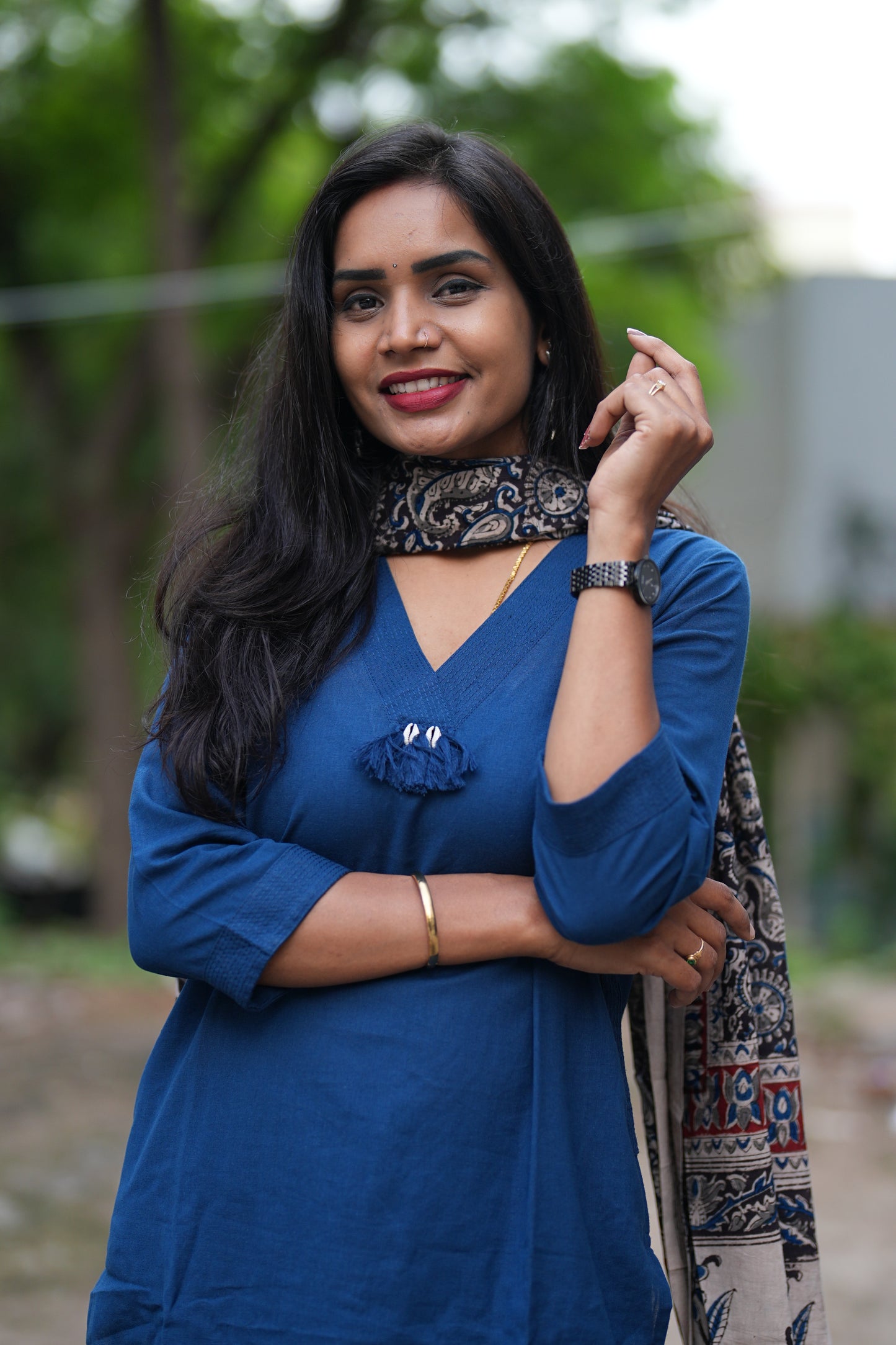 Blue Color Pure Jaipur Cotton V Neck With Tassels Straight Cut With Kalamkari Dupatta