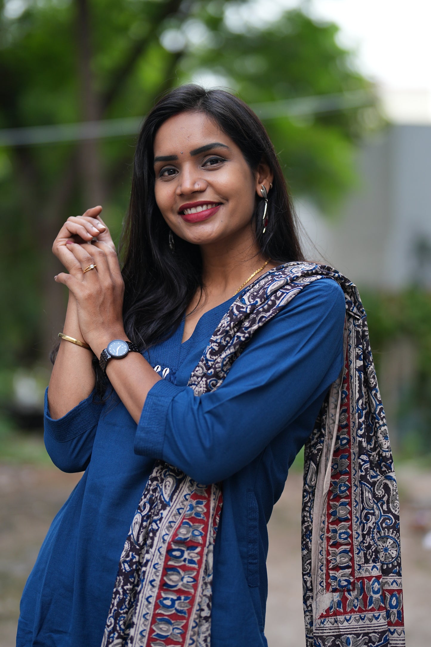 Blue Color Pure Jaipur Cotton V Neck With Tassels Straight Cut With Kalamkari Dupatta
