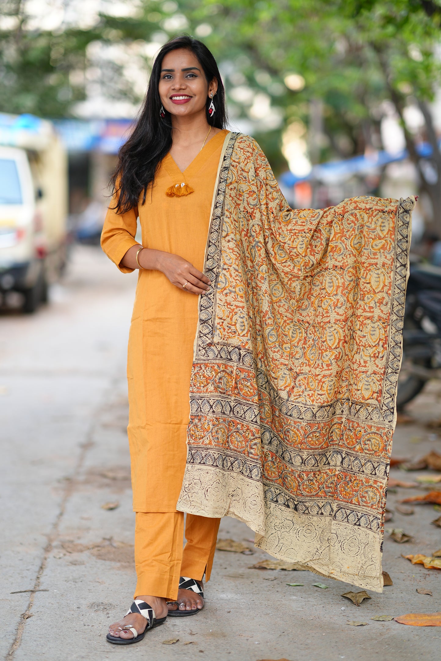 Yellow Color Pure Jaipur Cotton V Neck With Tassels Straight Cut With Kalamkari Dupatta