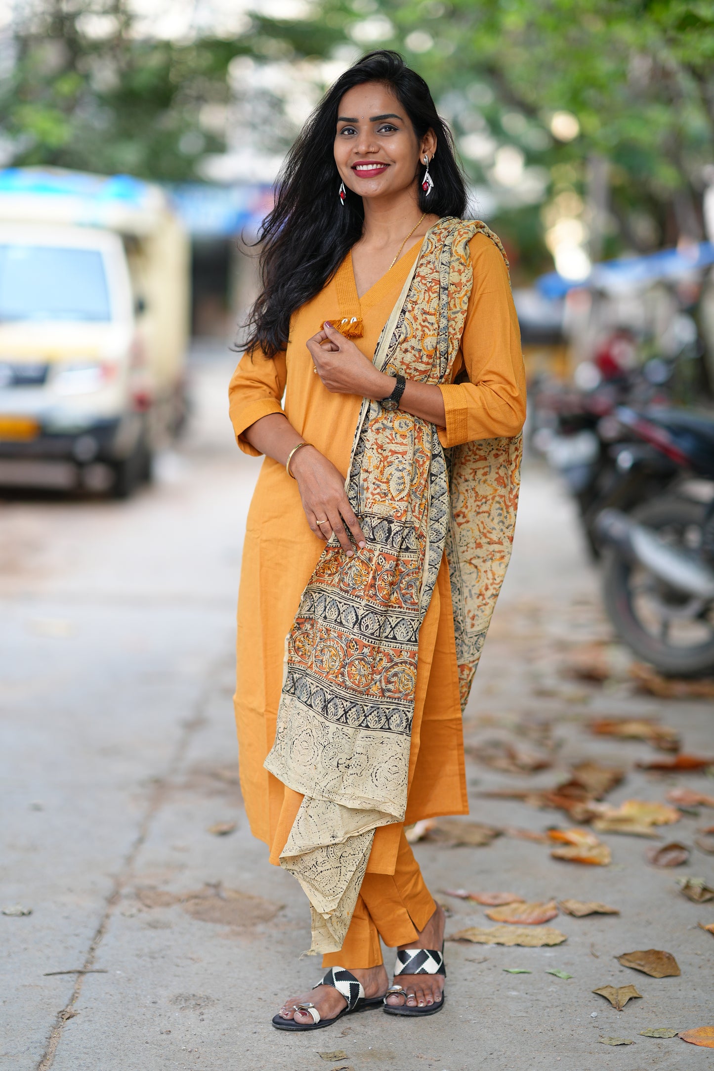 Yellow Color Pure Jaipur Cotton V Neck With Tassels Straight Cut With Kalamkari Dupatta