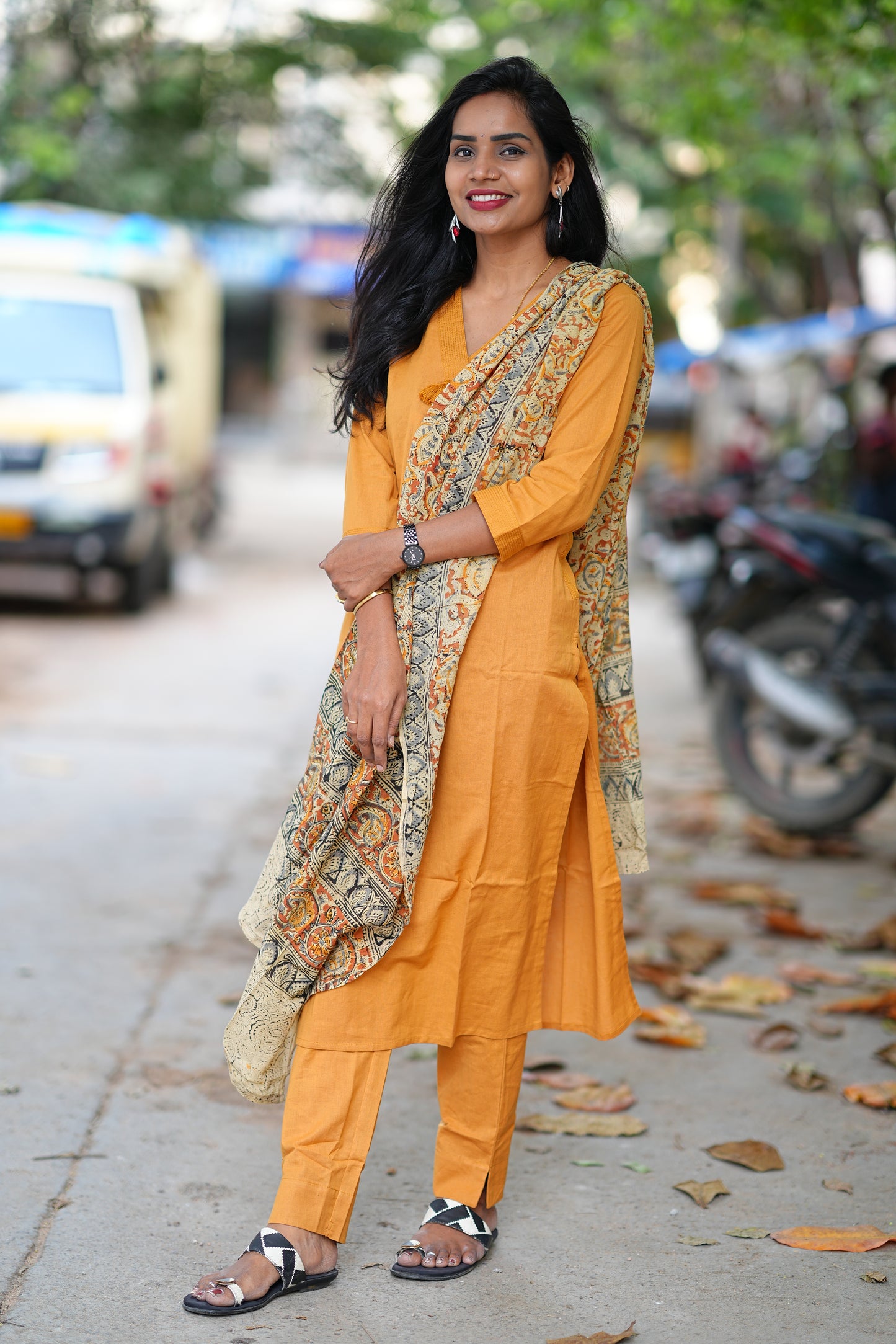 Yellow Color Pure Jaipur Cotton V Neck With Tassels Straight Cut With Kalamkari Dupatta