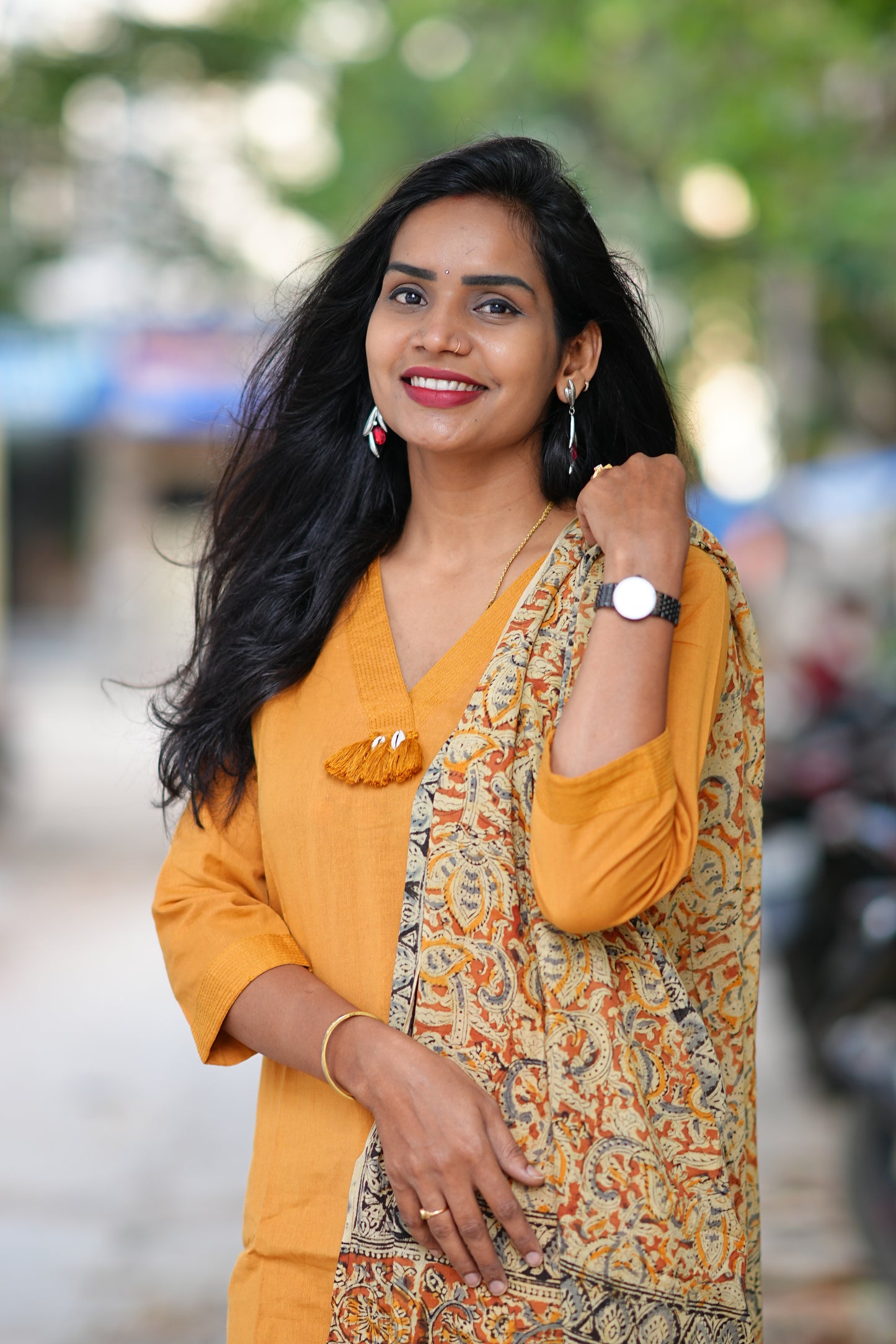 Yellow Color Pure Jaipur Cotton V Neck With Tassels Straight Cut With Kalamkari Dupatta