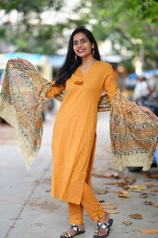 Yellow Color Pure Jaipur Cotton V Neck With Tassels Straight Cut With Kalamkari Dupatta