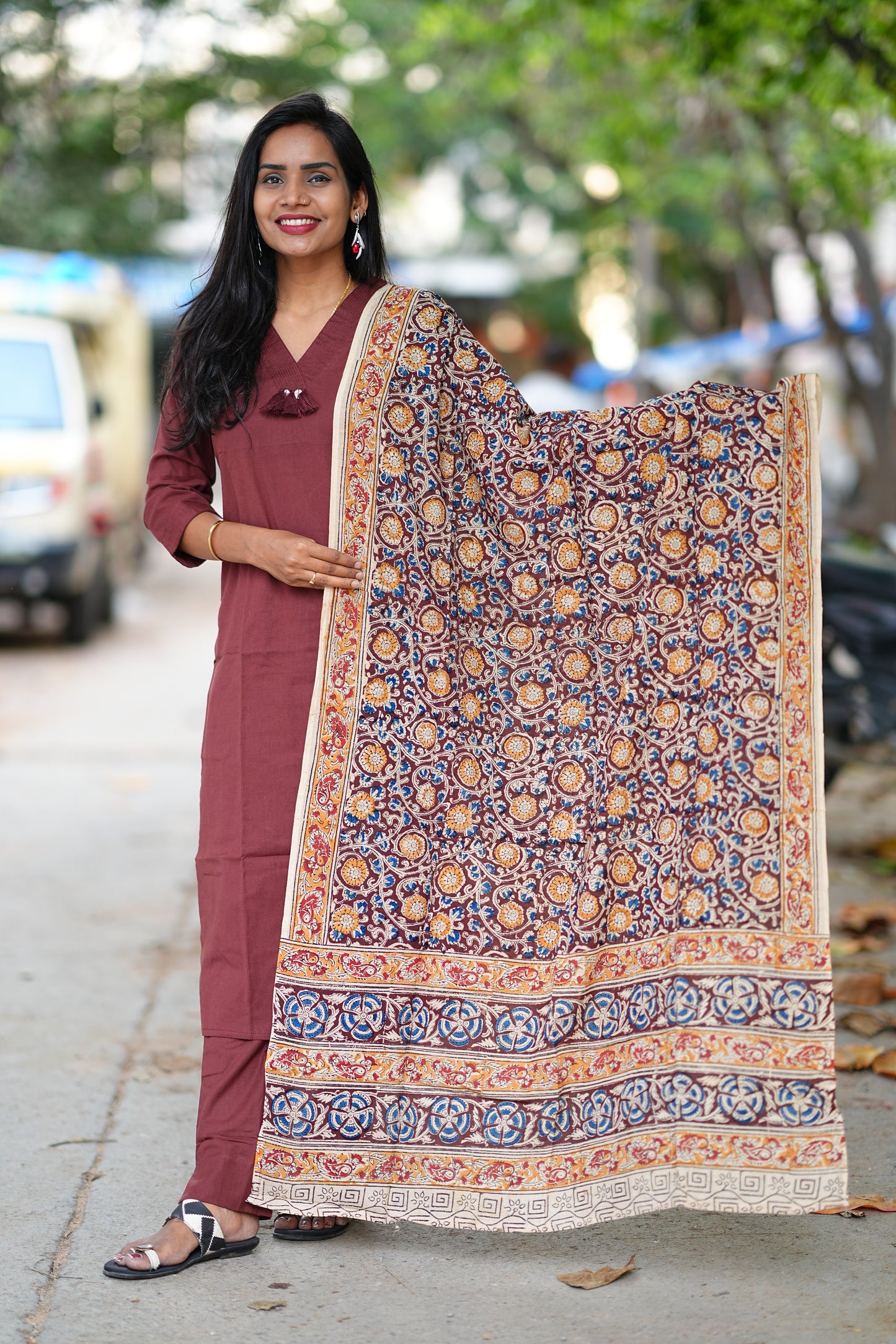 Brown Color Pure Jaipur Cotton V Neck With Tassels Straight Cut With Kalamkari Dupatta