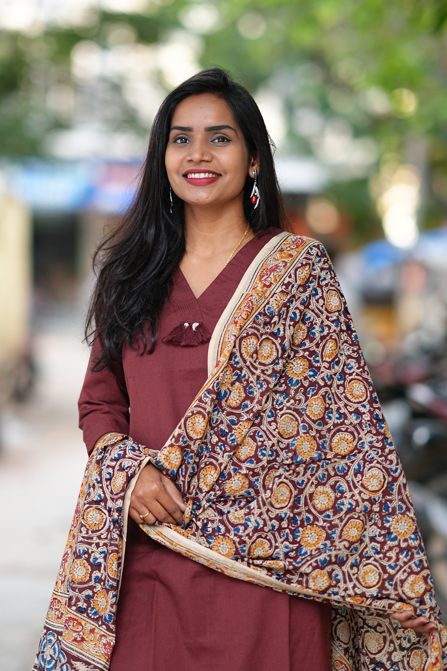 Brown Color Pure Jaipur Cotton V Neck With Tassels Straight Cut With Kalamkari Dupatta