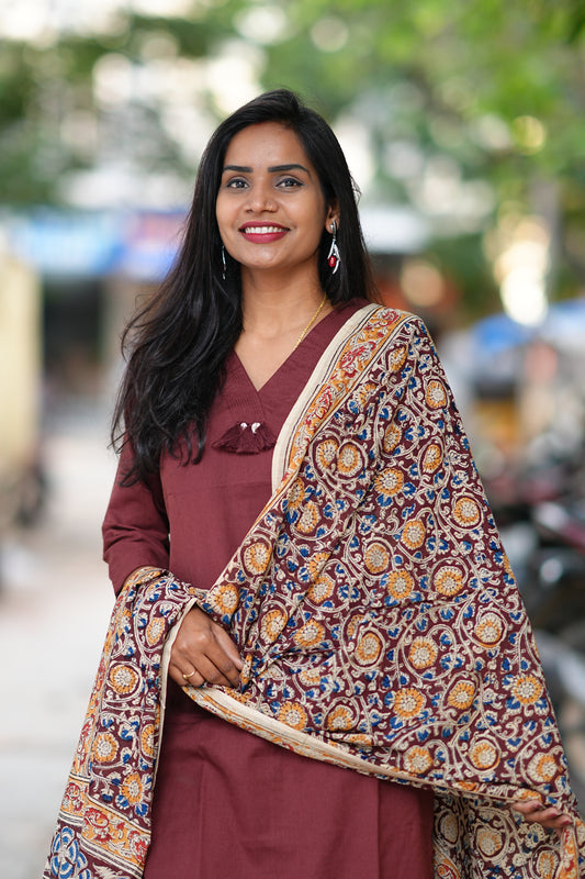 Brown Color Pure Jaipur Cotton V Neck With Tassels Straight Cut With Kalamkari Dupatta
