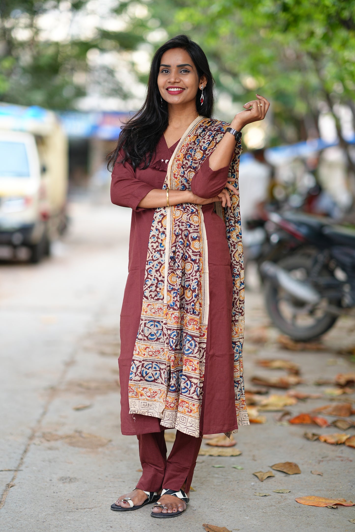 Brown Color Pure Jaipur Cotton V Neck With Tassels Straight Cut With Kalamkari Dupatta
