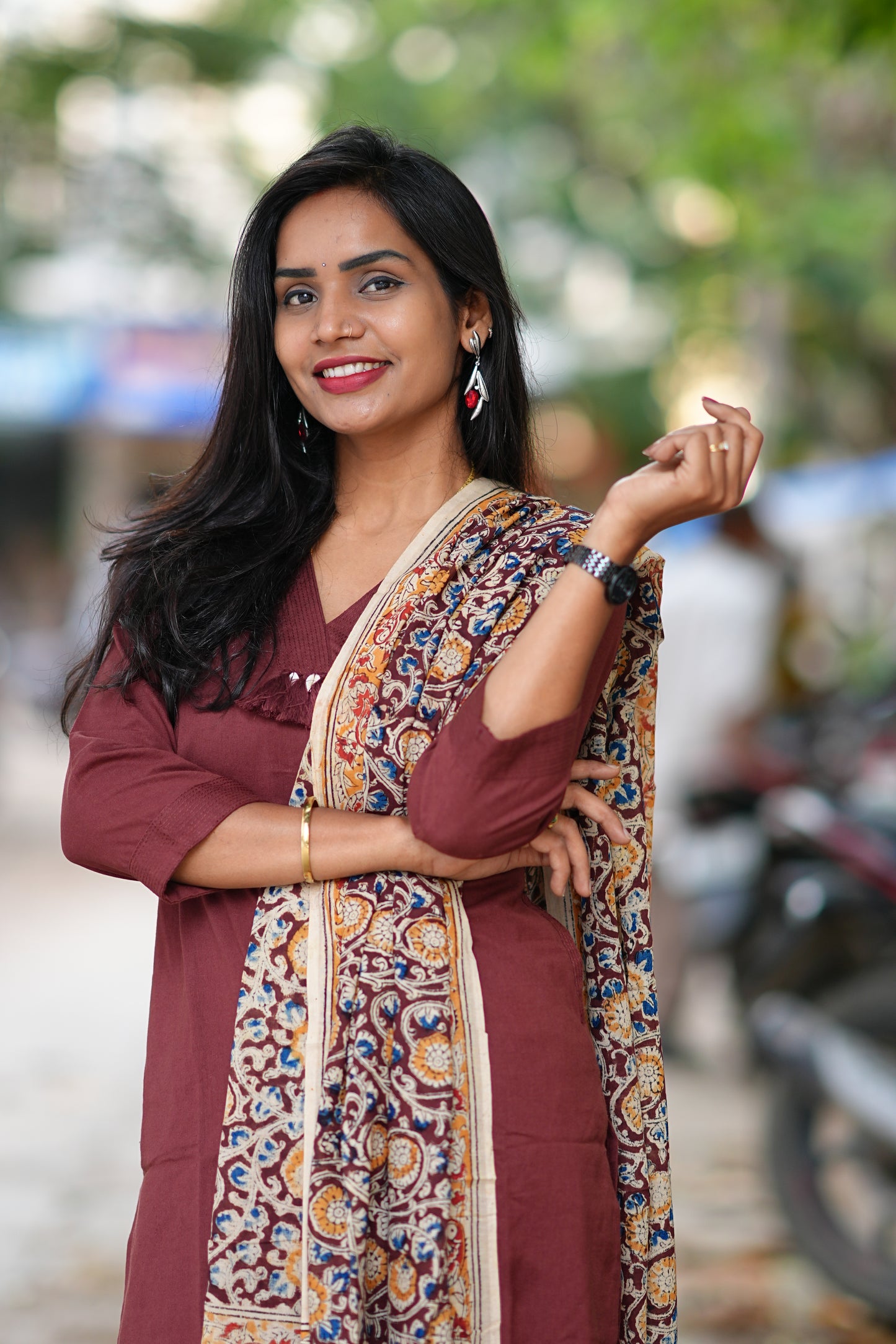 Brown Color Pure Jaipur Cotton V Neck With Tassels Straight Cut With Kalamkari Dupatta