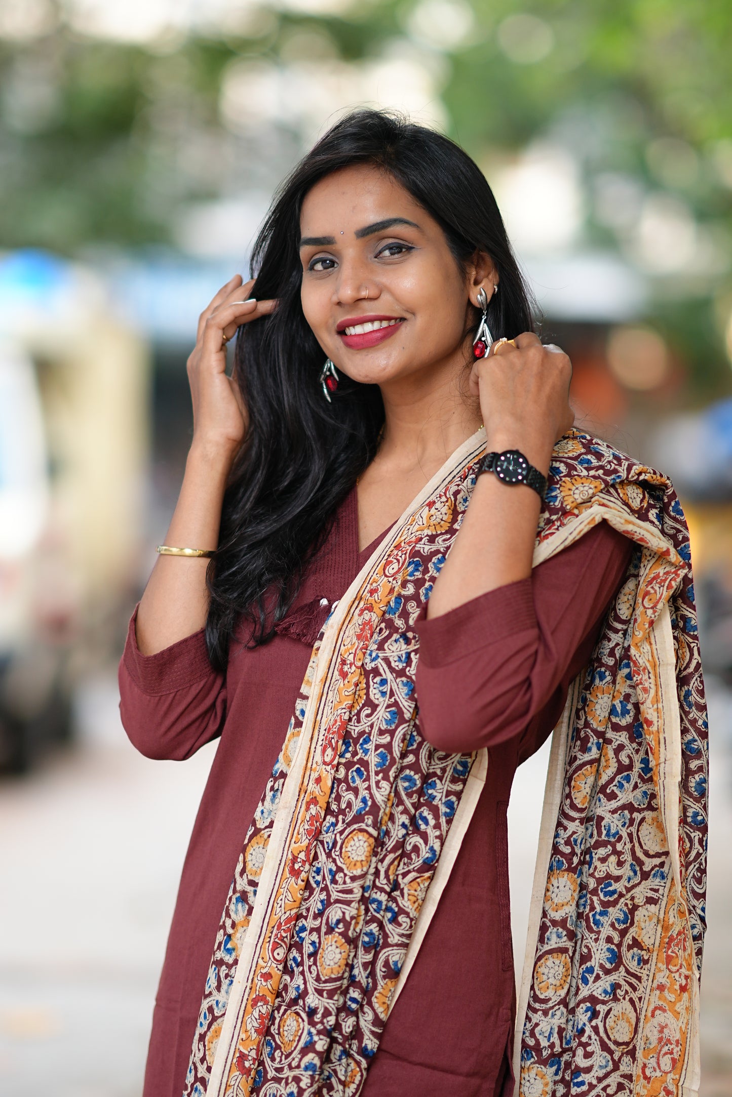 Brown Color Pure Jaipur Cotton V Neck With Tassels Straight Cut With Kalamkari Dupatta