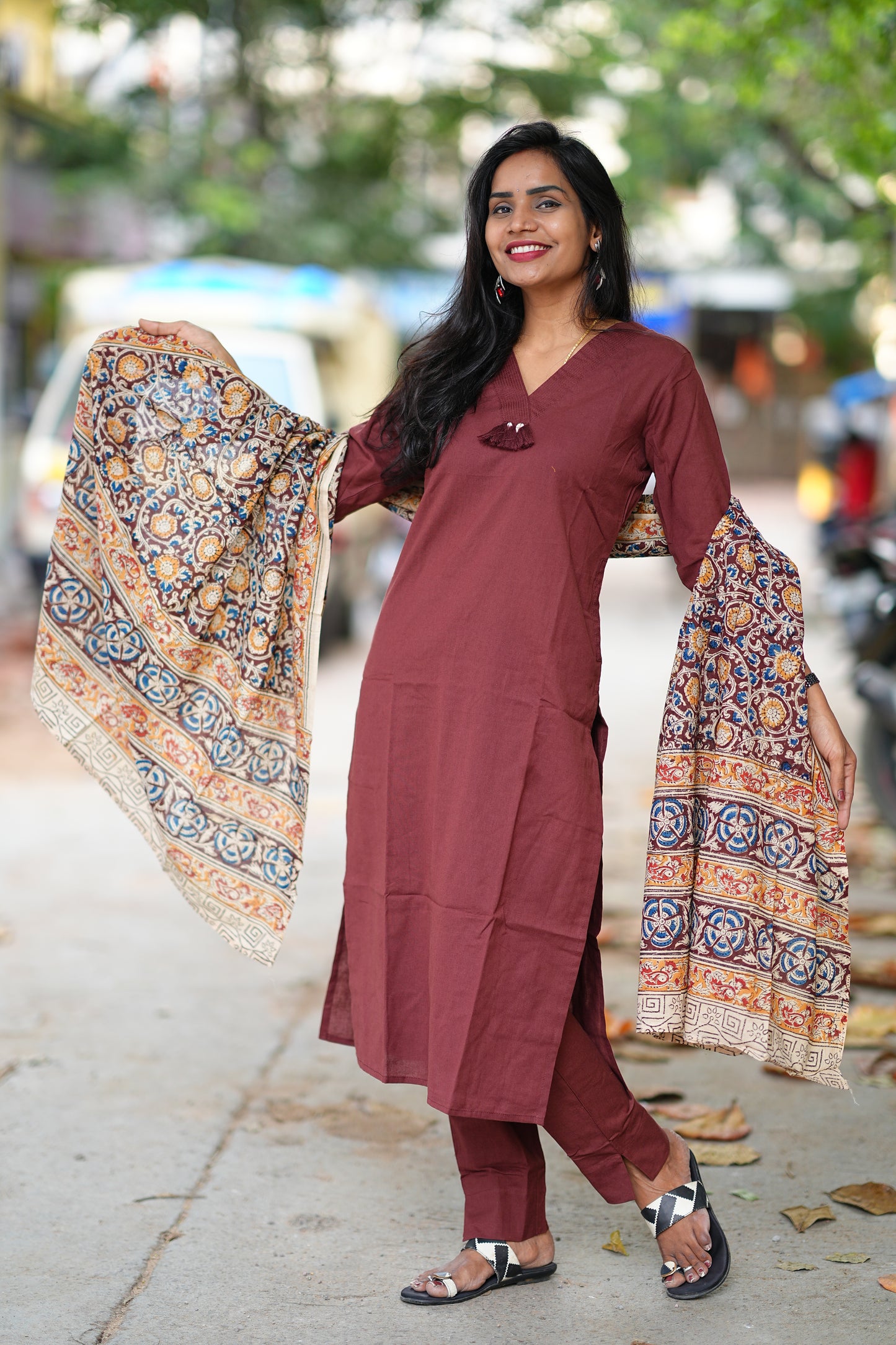 Brown Color Pure Jaipur Cotton V Neck With Tassels Straight Cut With Kalamkari Dupatta