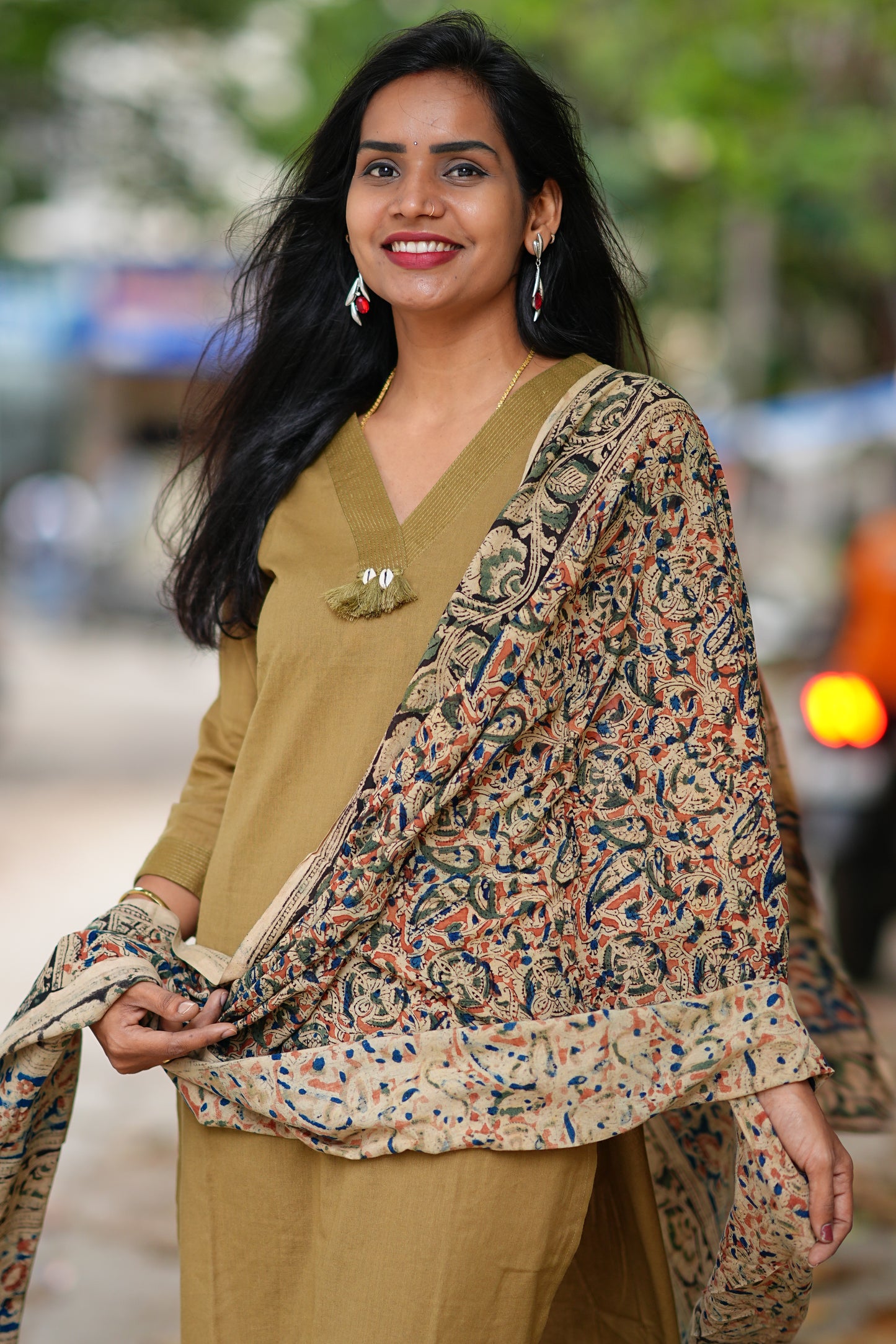 Beige Color Pure Jaipur Cotton V Neck With Tassels Straight Cut With Kalamkari Dupatta