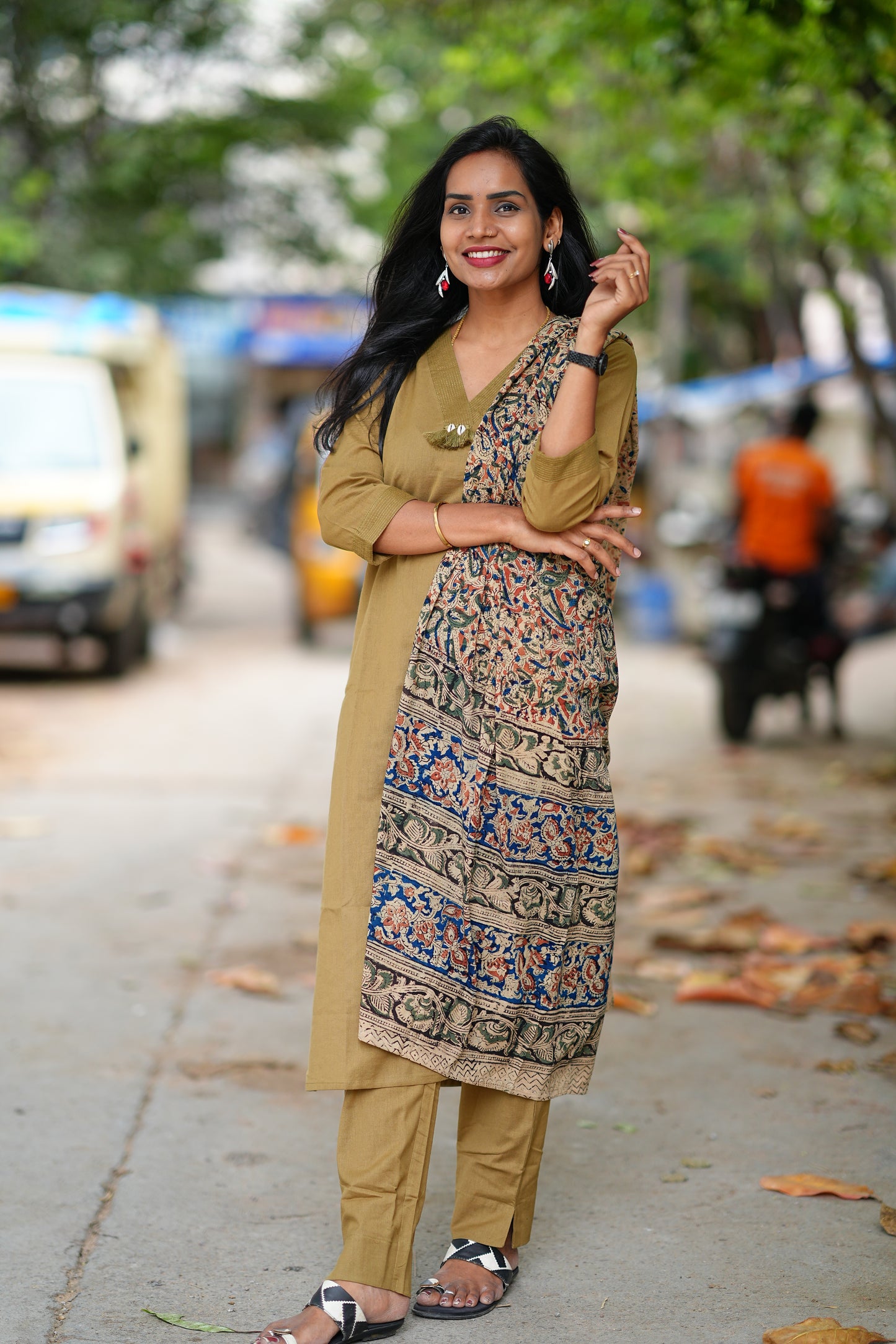 Beige Color Pure Jaipur Cotton V Neck With Tassels Straight Cut With Kalamkari Dupatta