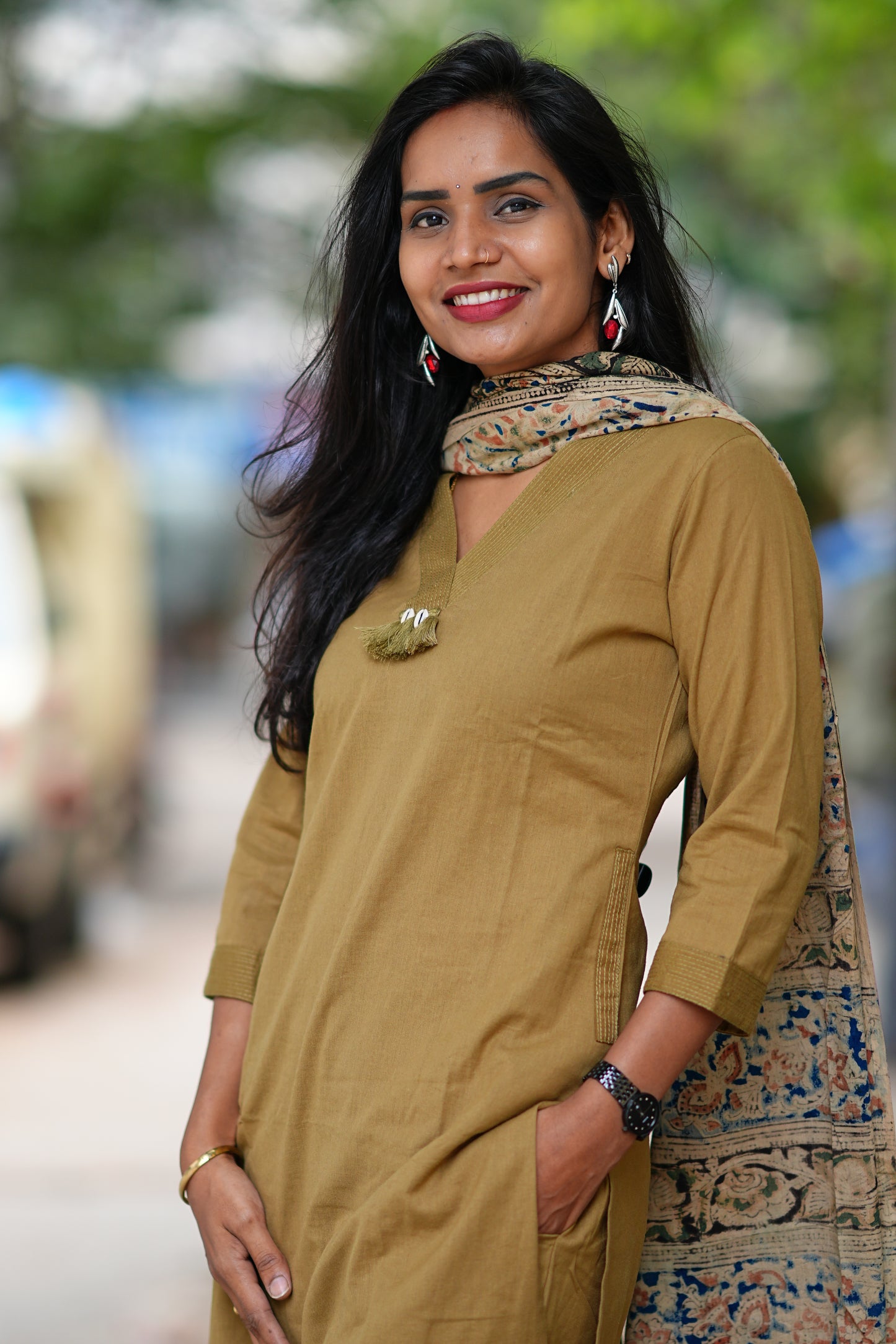 Beige Color Pure Jaipur Cotton V Neck With Tassels Straight Cut With Kalamkari Dupatta
