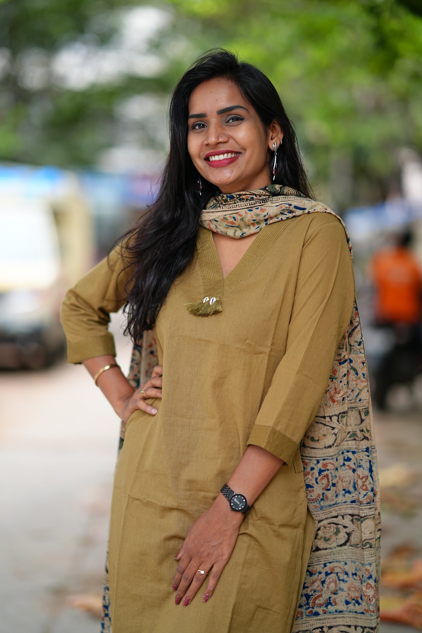 Beige Color Pure Jaipur Cotton V Neck With Tassels Straight Cut With Kalamkari Dupatta
