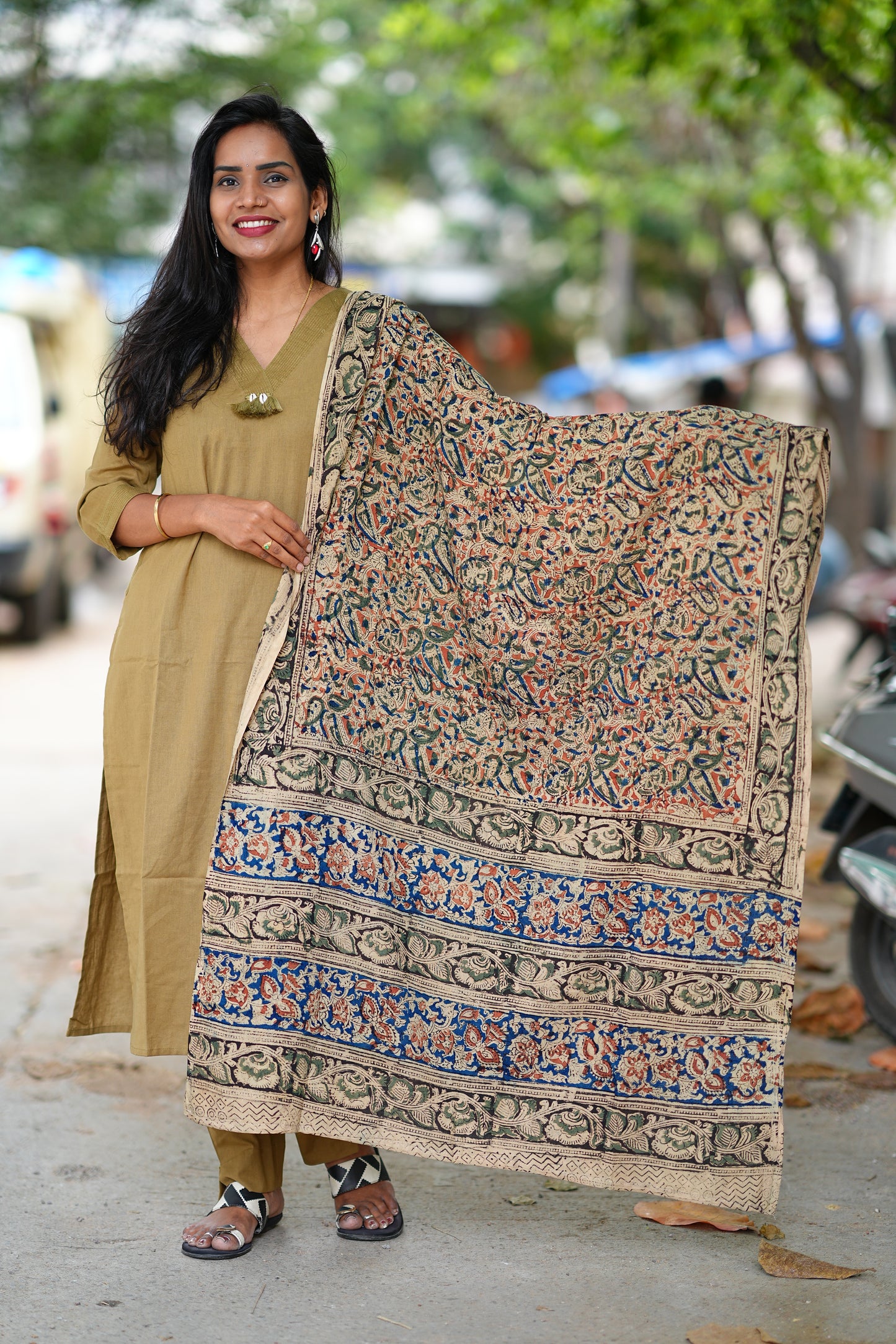 Beige Color Pure Jaipur Cotton V Neck With Tassels Straight Cut With Kalamkari Dupatta