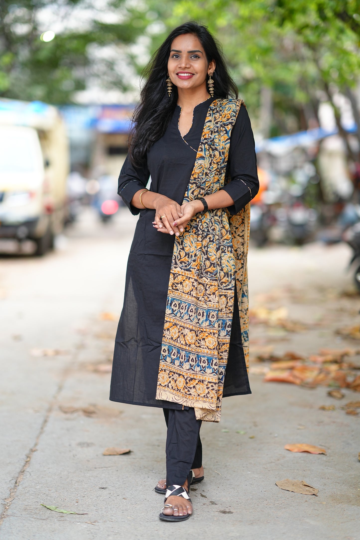 Black Color Pure Jaipur Cotton Collar Neck Side Button With Kalamkari Dupatta