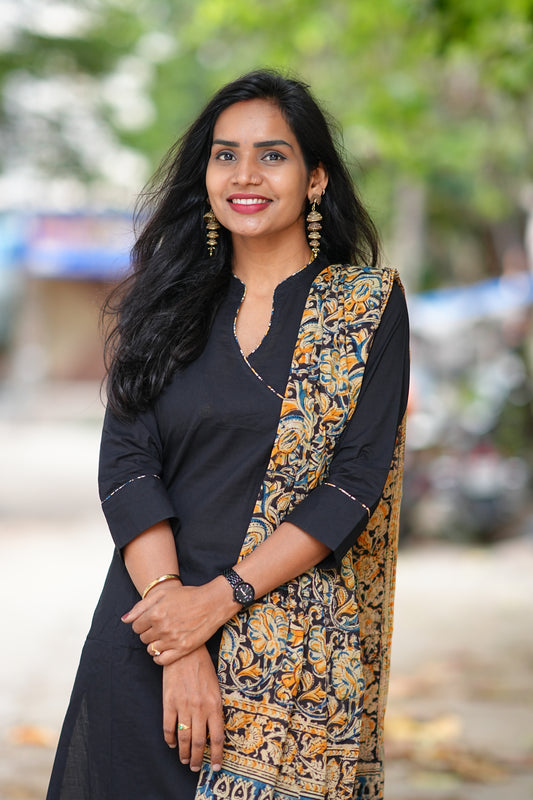 Black Color Pure Jaipur Cotton Collar Neck Side Button With Kalamkari Dupatta