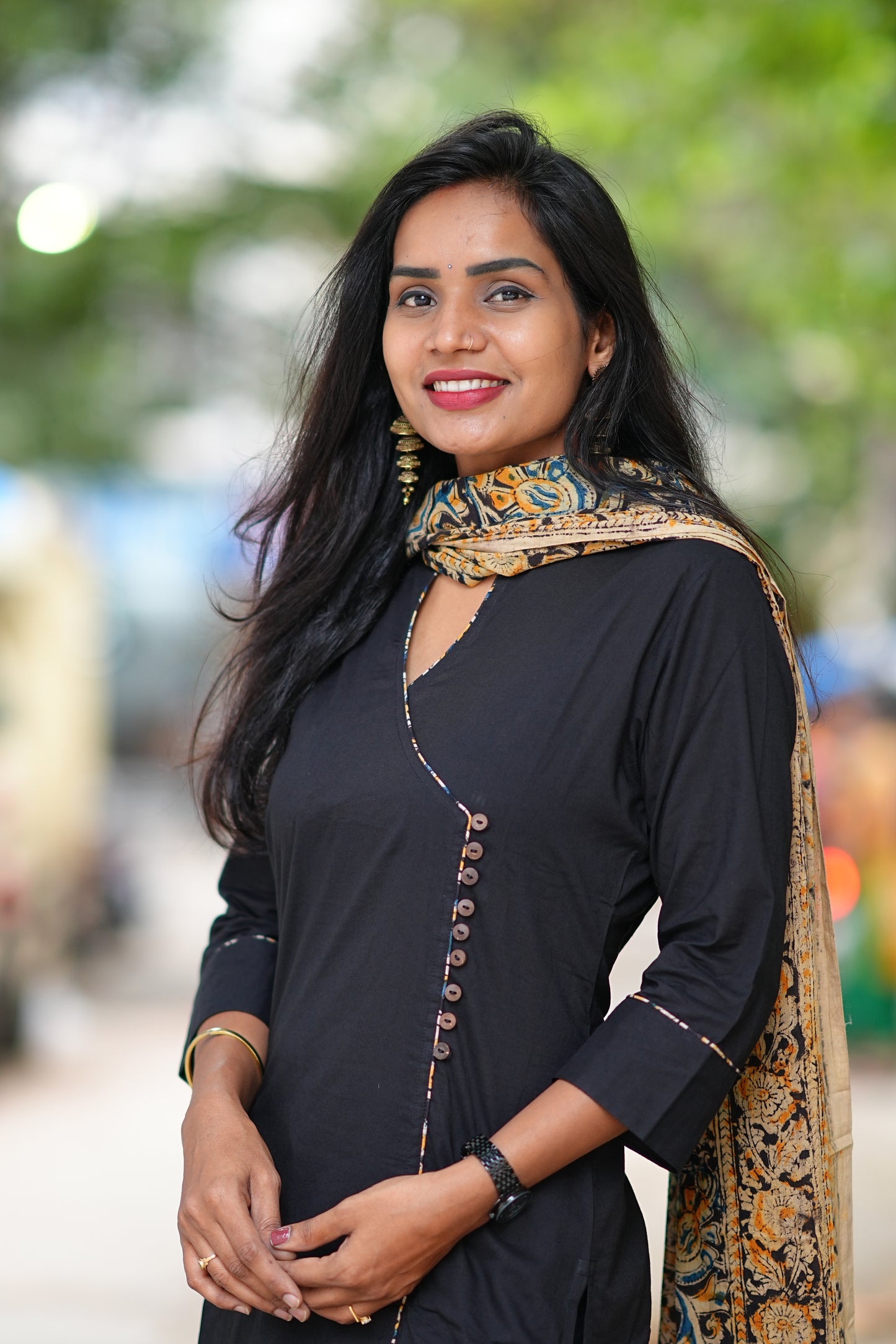 Black Color Pure Jaipur Cotton Collar Neck Side Button With Kalamkari Dupatta
