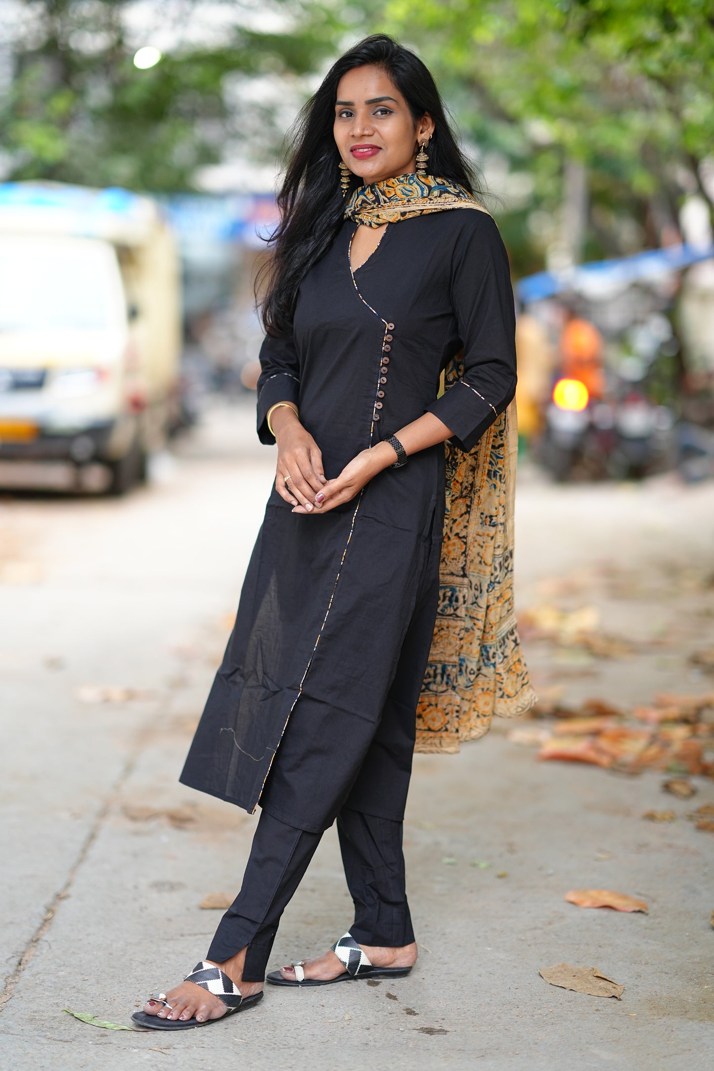 Black Color Pure Jaipur Cotton Collar Neck Side Button With Kalamkari Dupatta