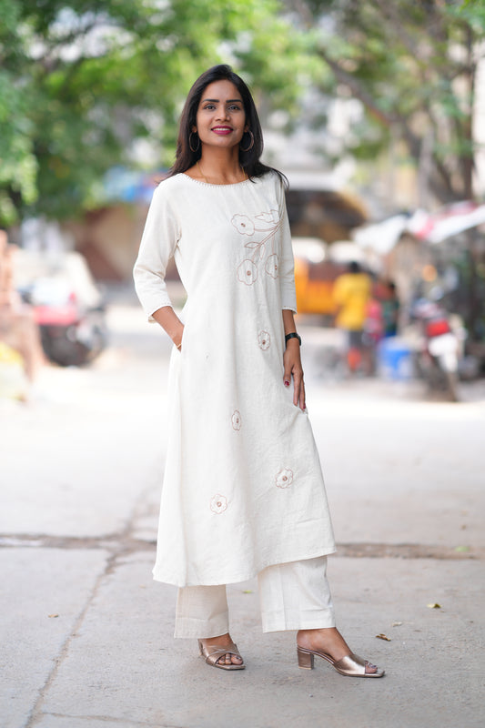 White Color Slub Cotton Office Wear Cord Set With Thread Work